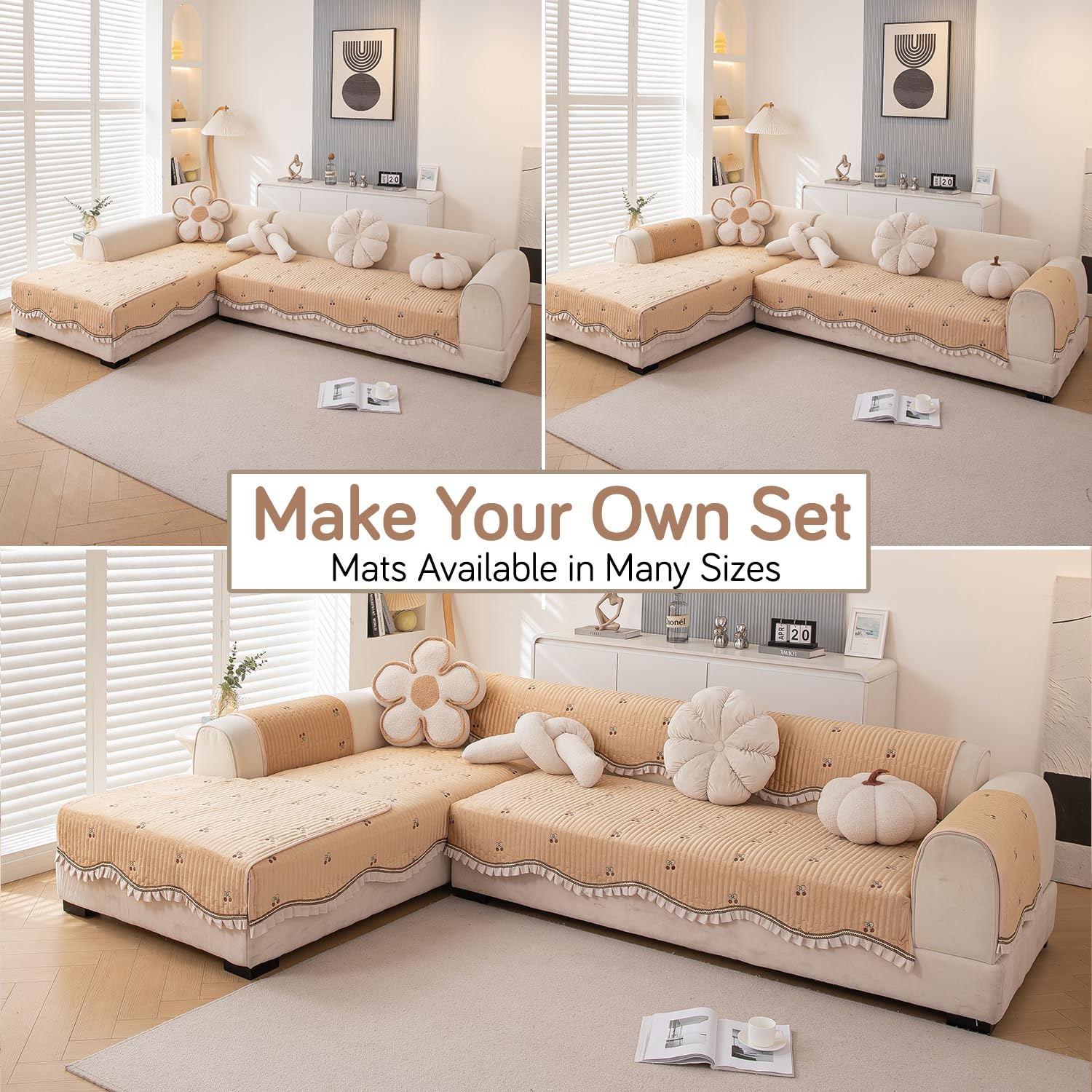 HOKIPO Premium Dutch Velvet Sofa Cover Mat with Frill | Make Your Own Sofa Cover Set, Mat Length 90(D) x 170(L) cm, Caramel Beige (AR-5739-BGE) - Image 4