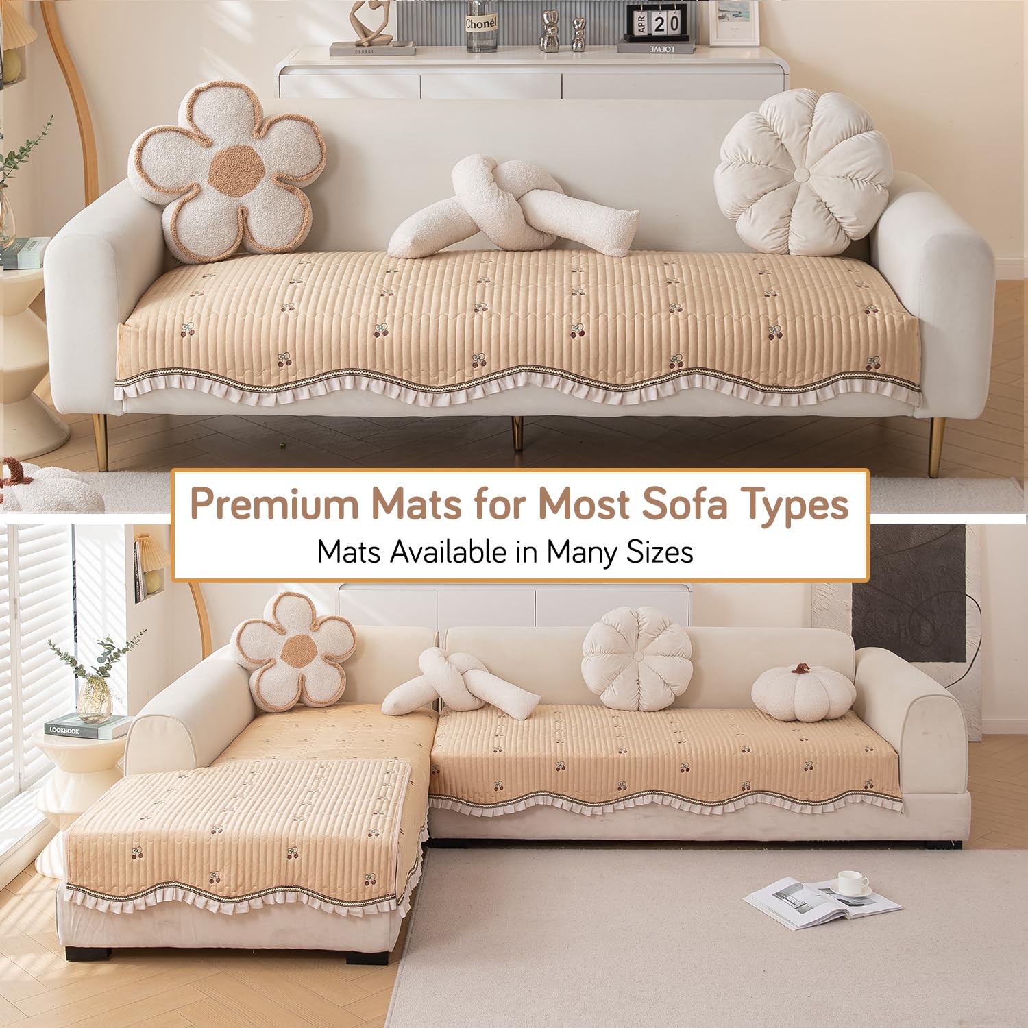 HOKIPO Premium Dutch Velvet Sofa Cover Mat with Frill | Make Your Own Sofa Cover Set, Mat Length 90(D) x 170(L) cm, Caramel Beige (AR-5739-BGE) - Image 9