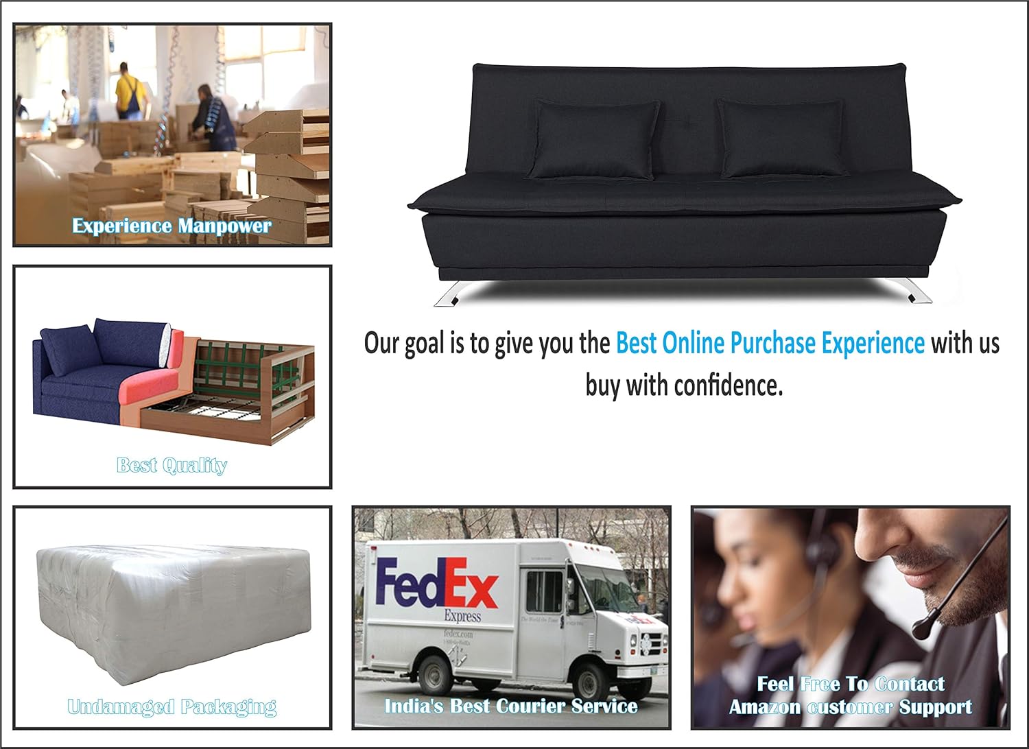 Adorn India Arden 4 Seater Sofa Cum Bed 4 x 6 (Black) (3 Year Warranty) - Image 6