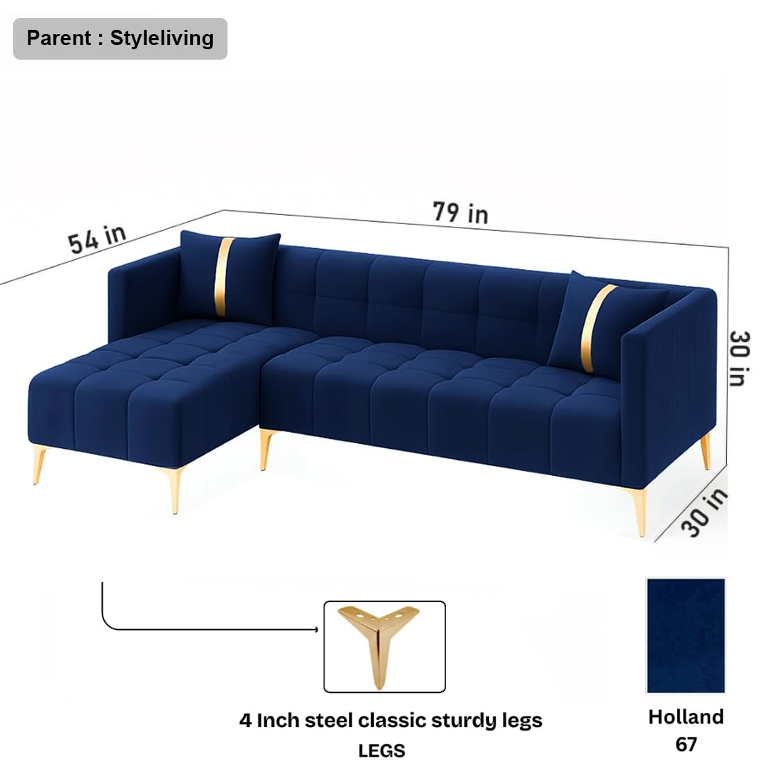 FURNY Styliving 4 Seater Fabric LHS L Shape Sofa Set (Blue) with Golden Finish Legs | Durable & Comfortable | Ideal for Living Room - Image 3