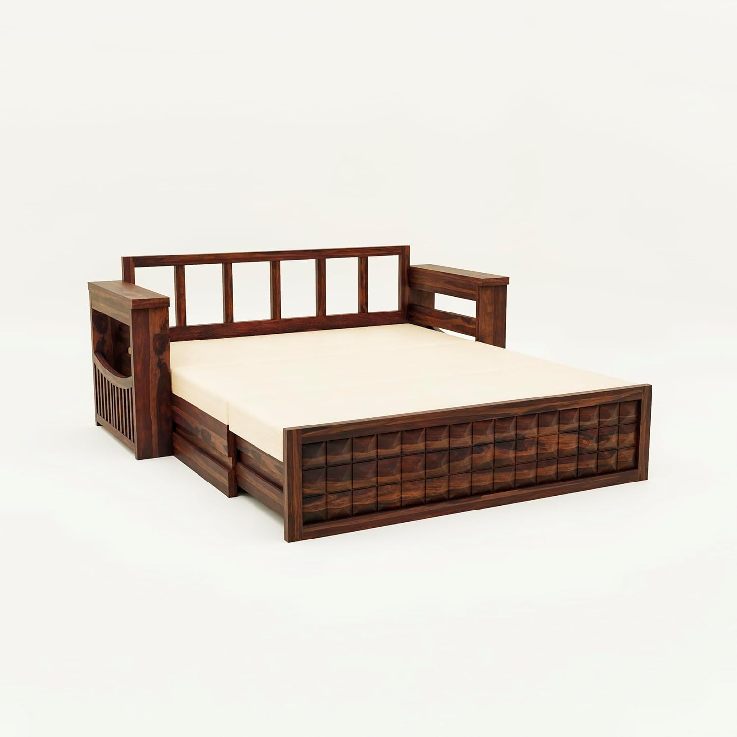 Solid Wood 3 Seater Sofa Cuma Bed with Storage and Side Pockets for Bedroom | Wooden Sofa Cuma Bed for Living Room Furniture Sleep & Sit Sofa for Home (Walnut Finish) - Image 8