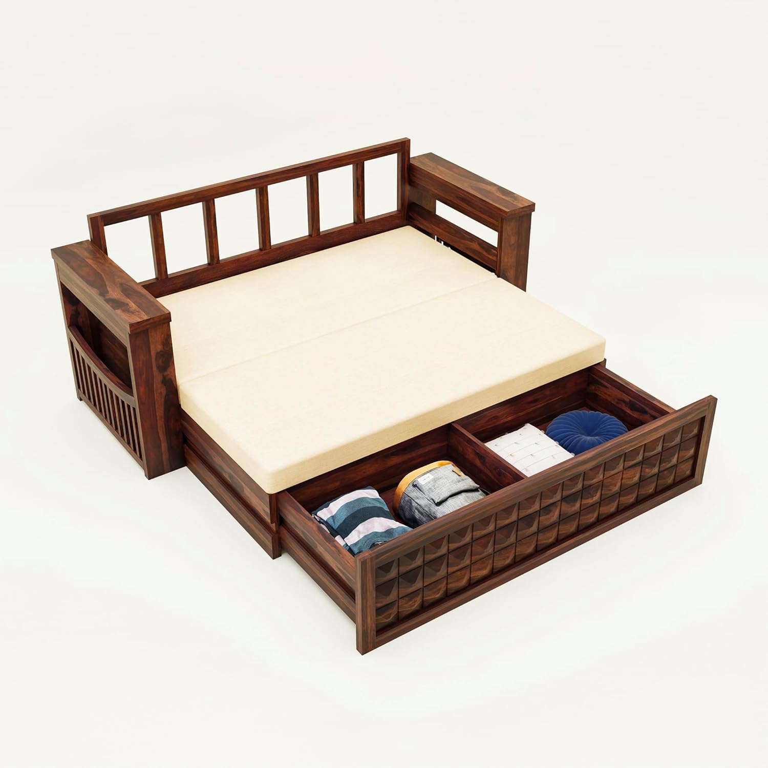 Solid Wood 3 Seater Sofa Cuma Bed with Storage and Side Pockets for Bedroom | Wooden Sofa Cuma Bed for Living Room Furniture Sleep & Sit Sofa for Home (Walnut Finish) - Image 9