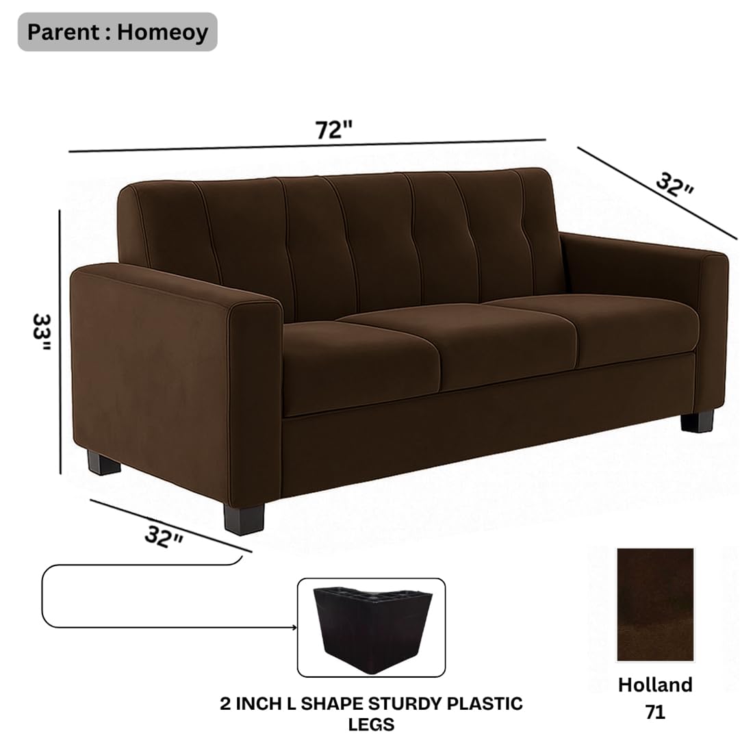 FURNY Homeoy 3 Seater Fabric Sofa Set (Brown) with Velvet Fabric | Durable Comfort | Ideal for Living Room - Image 3