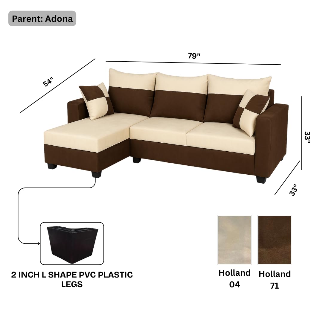 FURNY Arissa 4 Seater Fabric LHS L Shape Sofa Set with Exta Cushions (Cream-Dark Brown) | Premium Velvet Finish | Ideal of Living Room - Image 3