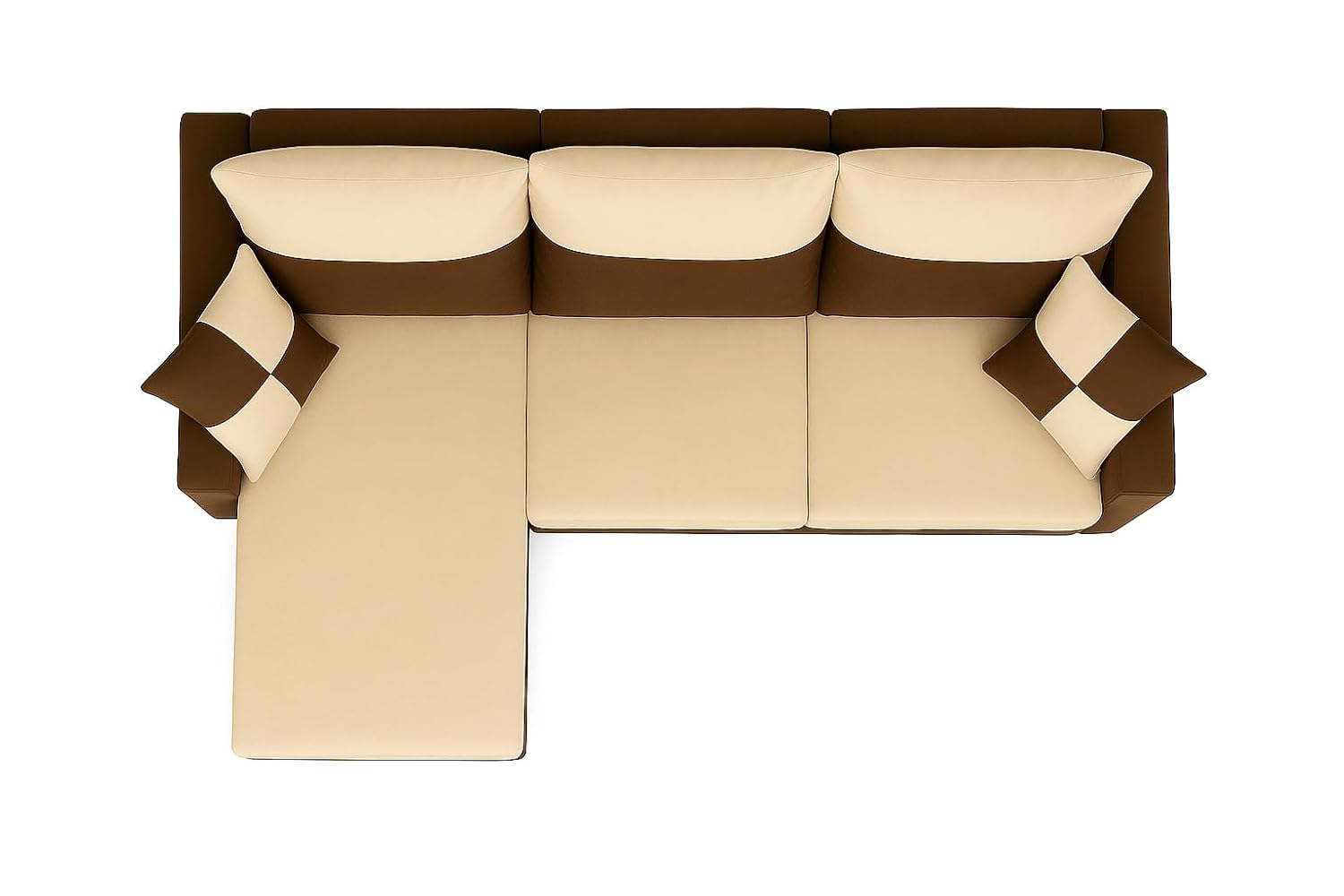 FURNY Arissa 4 Seater Fabric LHS L Shape Sofa Set with Exta Cushions (Cream-Dark Brown) | Premium Velvet Finish | Ideal of Living Room - Image 6