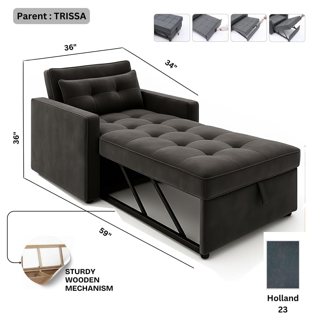 FURNY Tressa 1 Seater Fabric Pull-Out Sofa Cum Bed (Dark Grey) | Premium Velvet Finish | Durable Comfort | Ideal for Living Room - Image 3