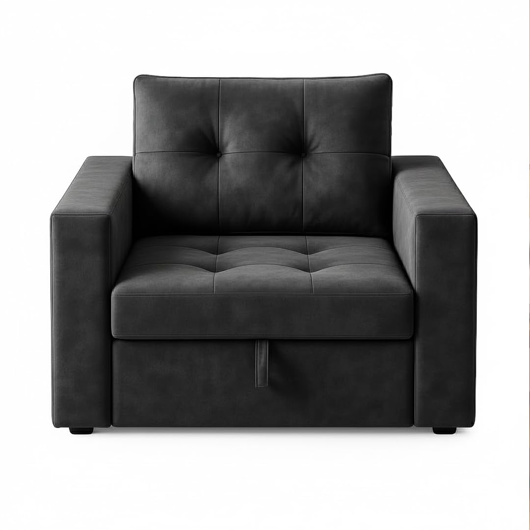 FURNY Tressa 1 Seater Fabric Pull-Out Sofa Cum Bed (Dark Grey) | Premium Velvet Finish | Durable Comfort | Ideal for Living Room - Image 4