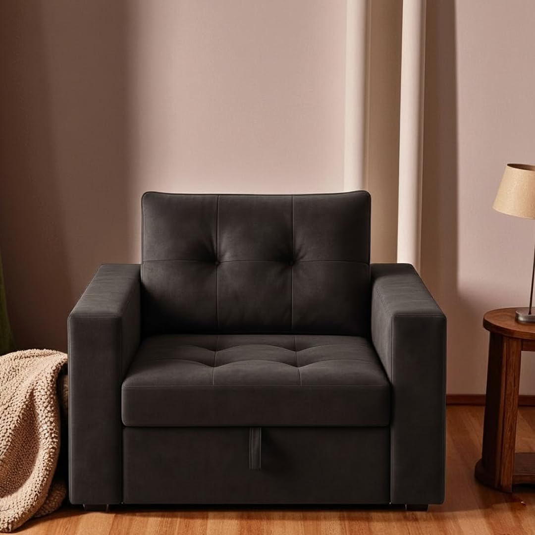 FURNY Tressa 1 Seater Fabric Pull-Out Sofa Cum Bed (Dark Grey) | Premium Velvet Finish | Durable Comfort | Ideal for Living Room - Image 5