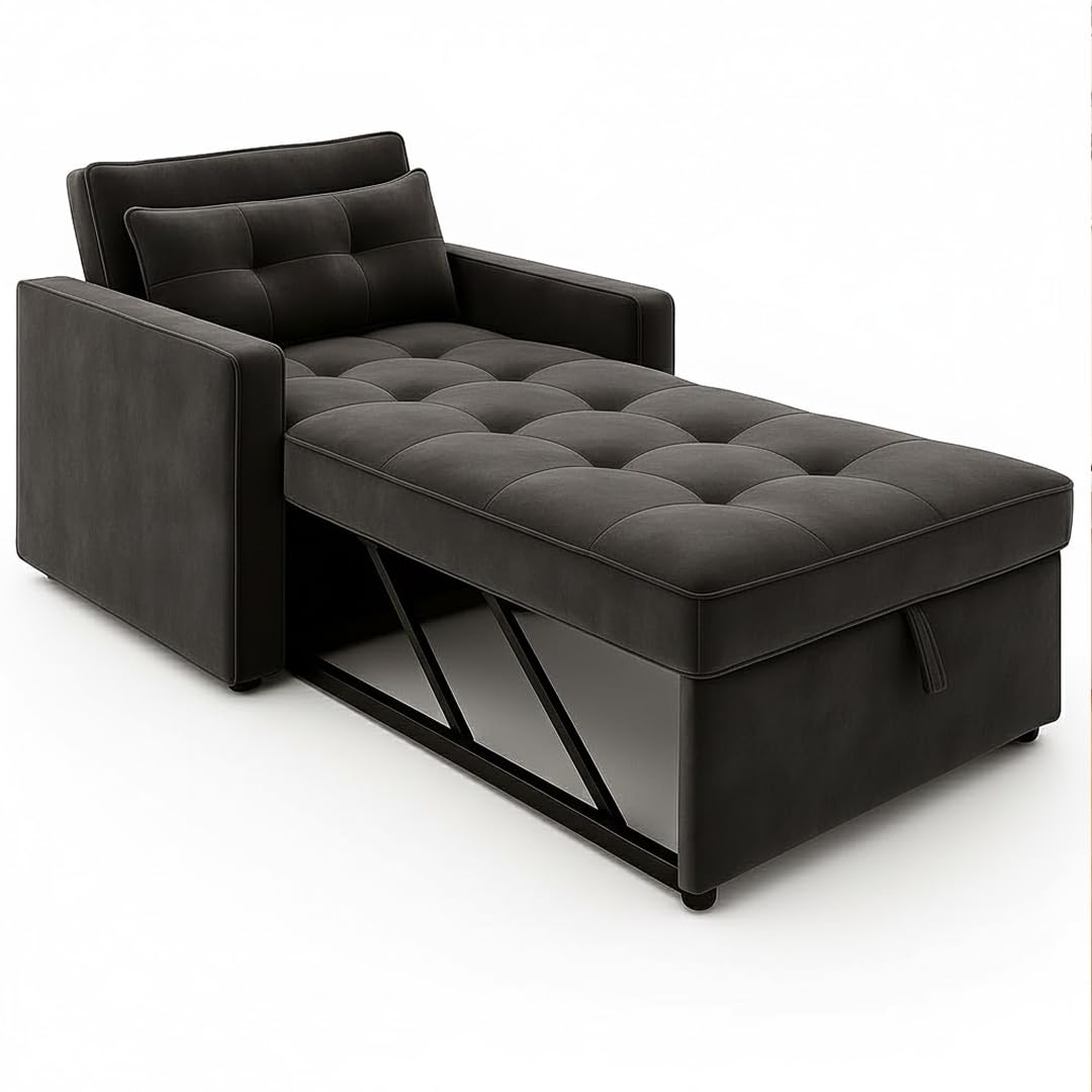 FURNY Tressa 1 Seater Fabric Pull-Out Sofa Cum Bed (Dark Grey) | Premium Velvet Finish | Durable Comfort | Ideal for Living Room - Image 8