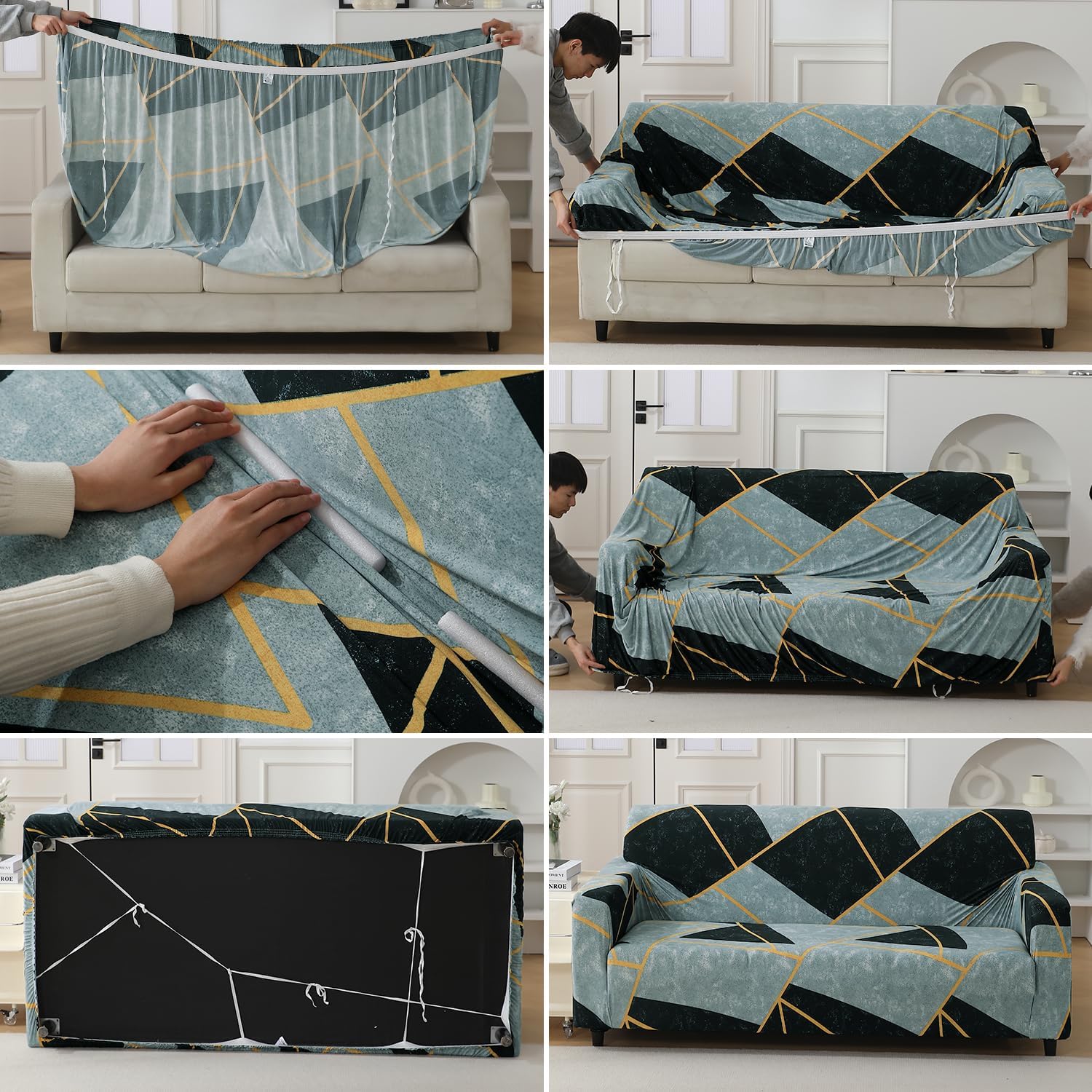 HOKIPO Polyester Blend 140gsm Stretchable Sofa Cover for 2 Seater Sofa, Multicolor Abstract Geometry (NEW-4946-C10) - Image 9