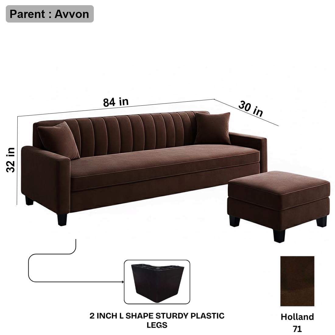 FURNY Avvono 4 Seater Fabric Modular Sofa Set with Ottoman (Brown) | Premium Velvet Finish | Durable Comfort | Ideal for Living Room - Image 3