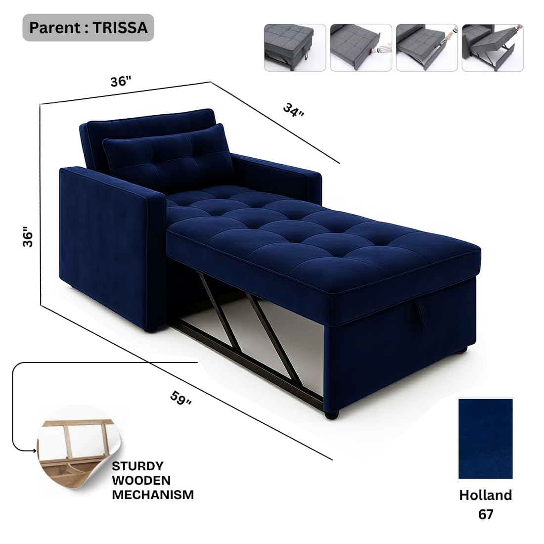 FURNY Tressa 1 Seater Fabric Pull-Out Sofa Cum Bed (Dark Blue) - Premium Velvet Finish - Durable Comfort - Ideal for Living Room - Image 3