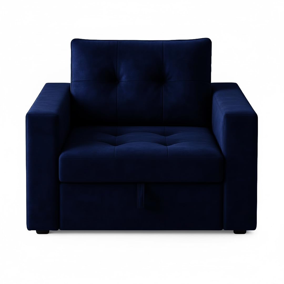 FURNY Tressa 1 Seater Fabric Pull-Out Sofa Cum Bed (Dark Blue) - Premium Velvet Finish - Durable Comfort - Ideal for Living Room - Image 4
