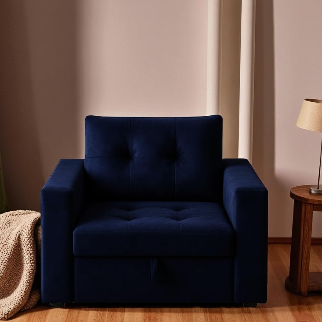 FURNY Tressa 1 Seater Fabric Pull-Out Sofa Cum Bed (Dark Blue) - Premium Velvet Finish - Durable Comfort - Ideal for Living Room - Image 5