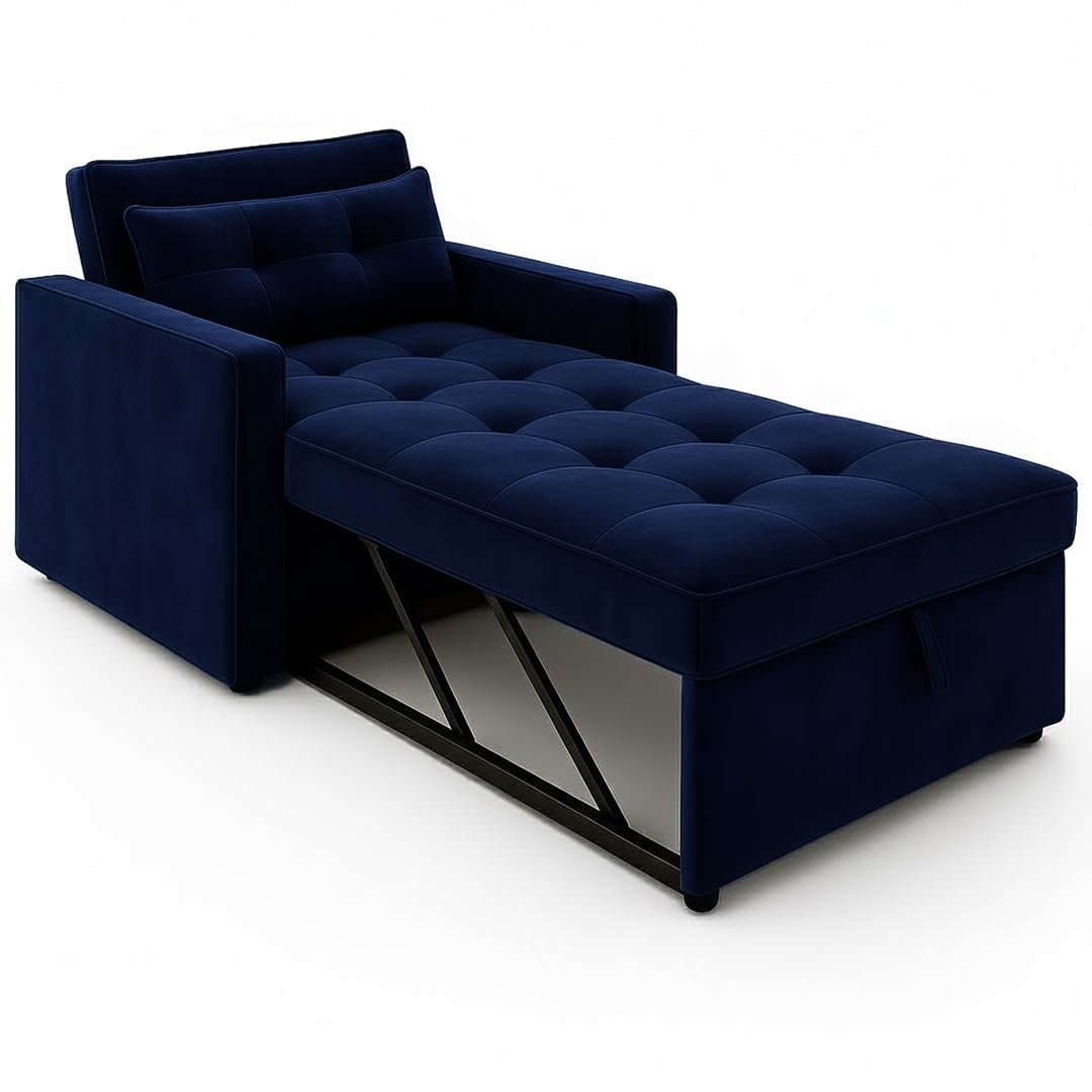 FURNY Tressa 1 Seater Fabric Pull-Out Sofa Cum Bed (Dark Blue) - Premium Velvet Finish - Durable Comfort - Ideal for Living Room - Image 6