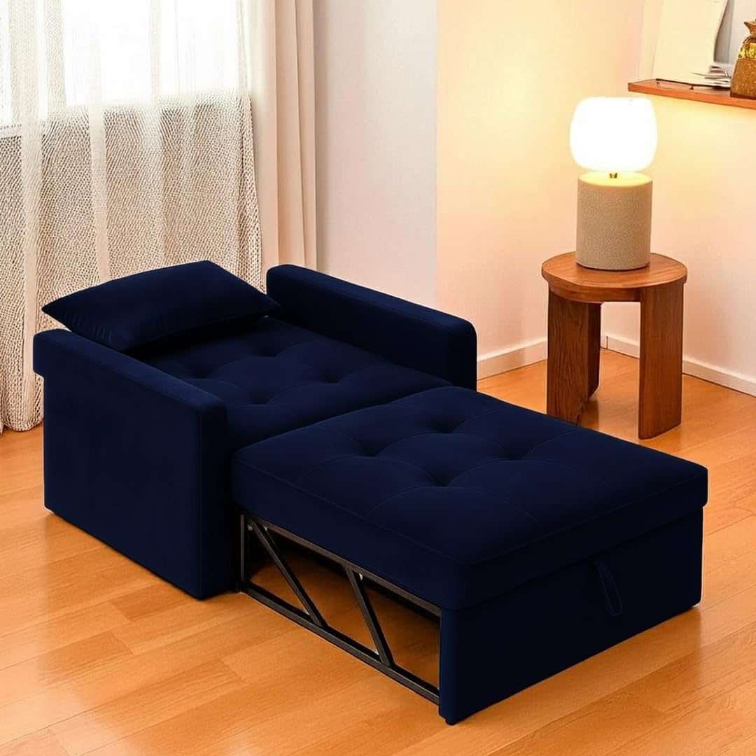 FURNY Tressa 1 Seater Fabric Pull-Out Sofa Cum Bed (Dark Blue) - Premium Velvet Finish - Durable Comfort - Ideal for Living Room - Image 7