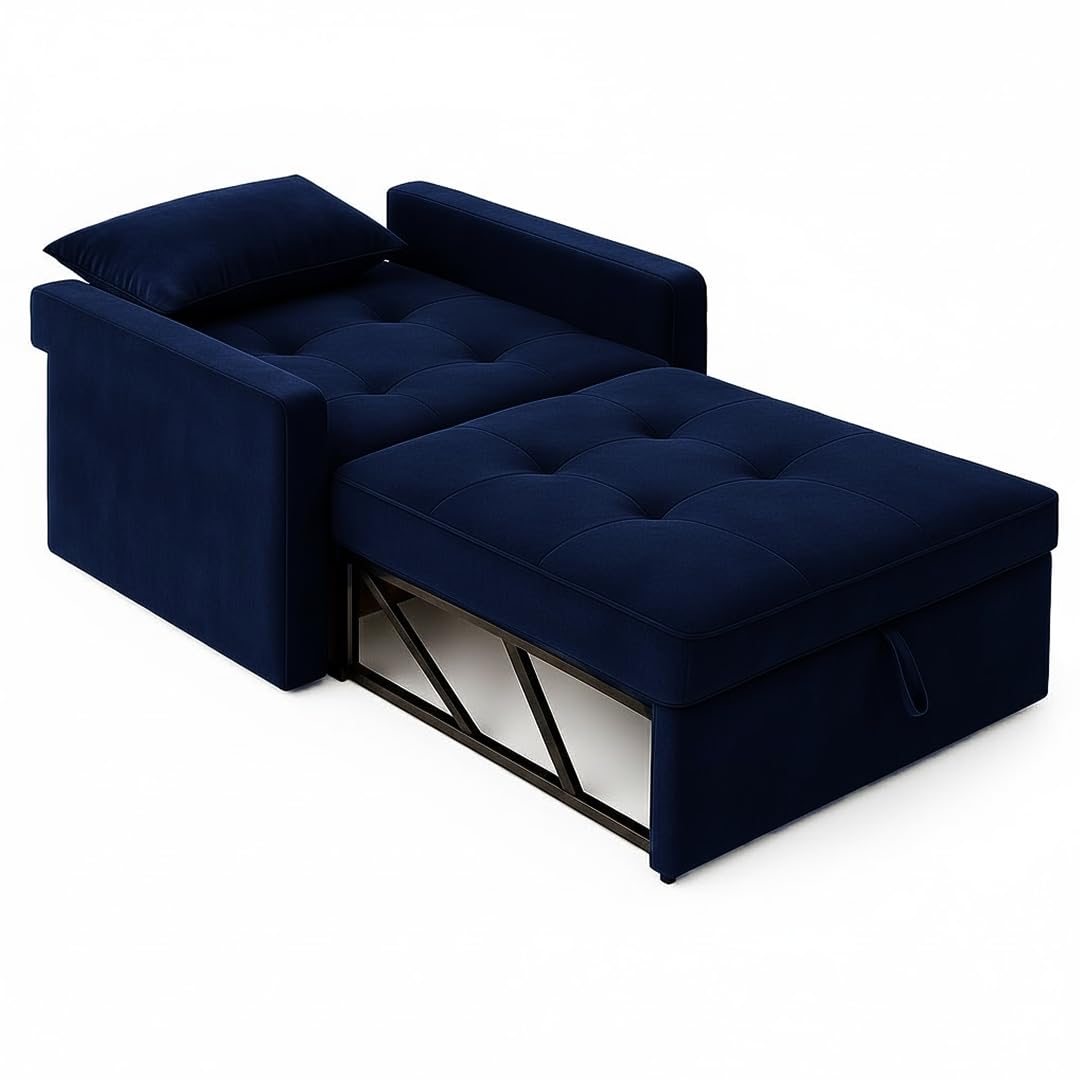 FURNY Tressa 1 Seater Fabric Pull-Out Sofa Cum Bed (Dark Blue) - Premium Velvet Finish - Durable Comfort - Ideal for Living Room - Image 9