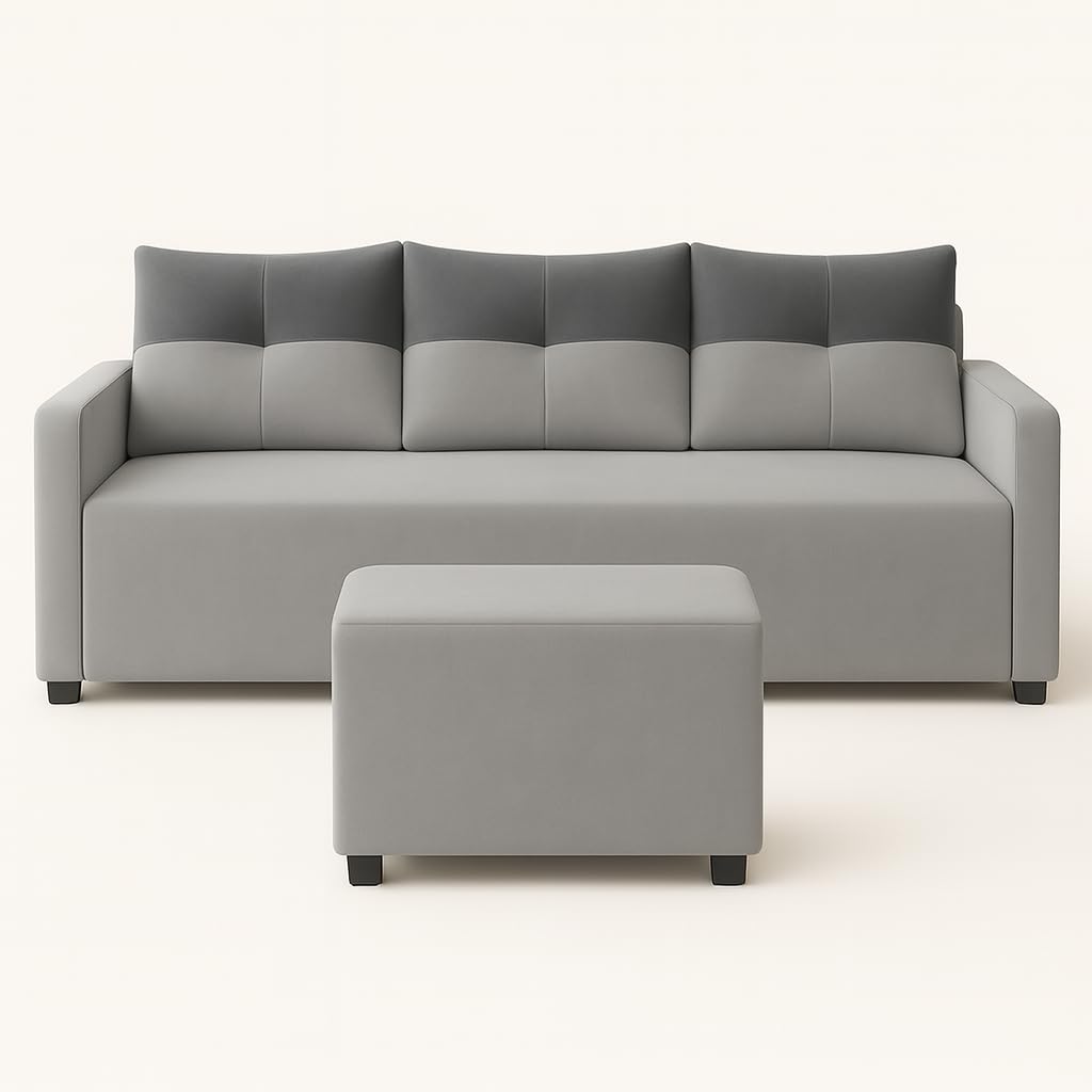 Belvris 3 Seater Modular L Shape Sofa Set with Ottoman | Soft Velvet Suede Fabric | Modern Design | Plush Comfort Cushions for Living Room (Light Grey-Dark Grey) - Image 5