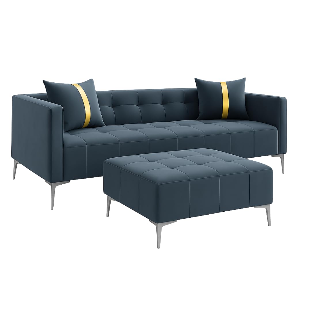 FURNY Styleliving 3 Seater Fabric Sofa Set with Ottoman (Dark Grey) with Velvet Fabric | Durable Comfort | Ideal for Living Room - Image 5