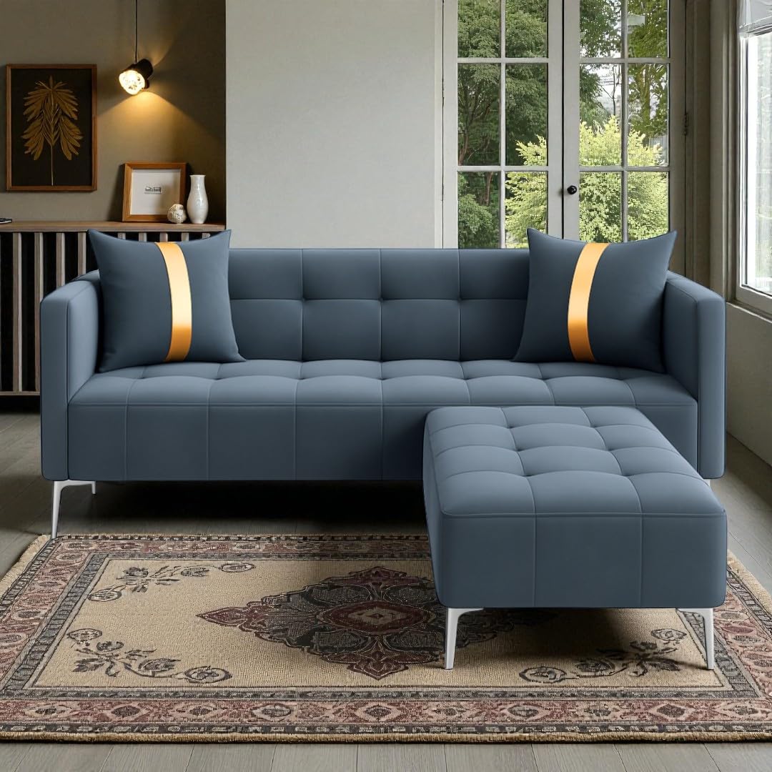 FURNY Styleliving 3 Seater Fabric Sofa Set with Ottoman (Dark Grey) with Velvet Fabric | Durable Comfort | Ideal for Living Room - Image 7