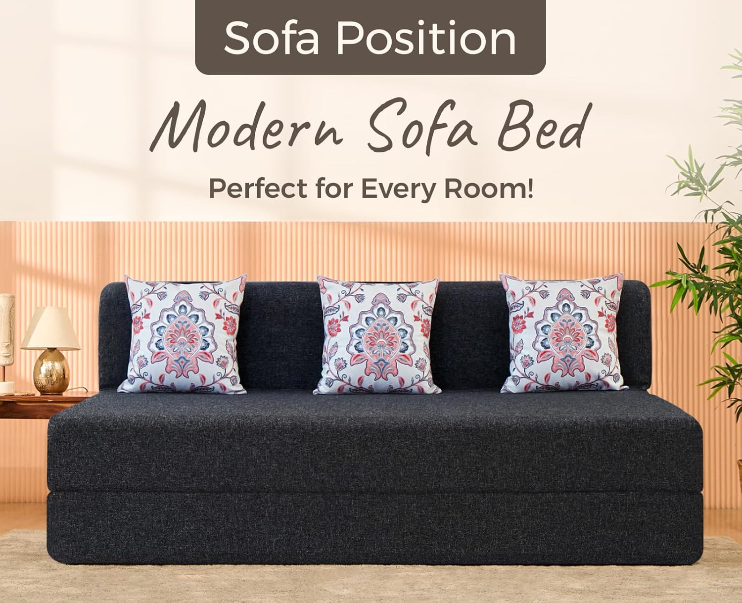 uberlyfe 3 Seater Sofa Cum Bed | Jute Fabric Washable Cover | 3 Cushions Pink Morpankh Pattern | Dark Grey | 6' X 6' Feet - Image 5