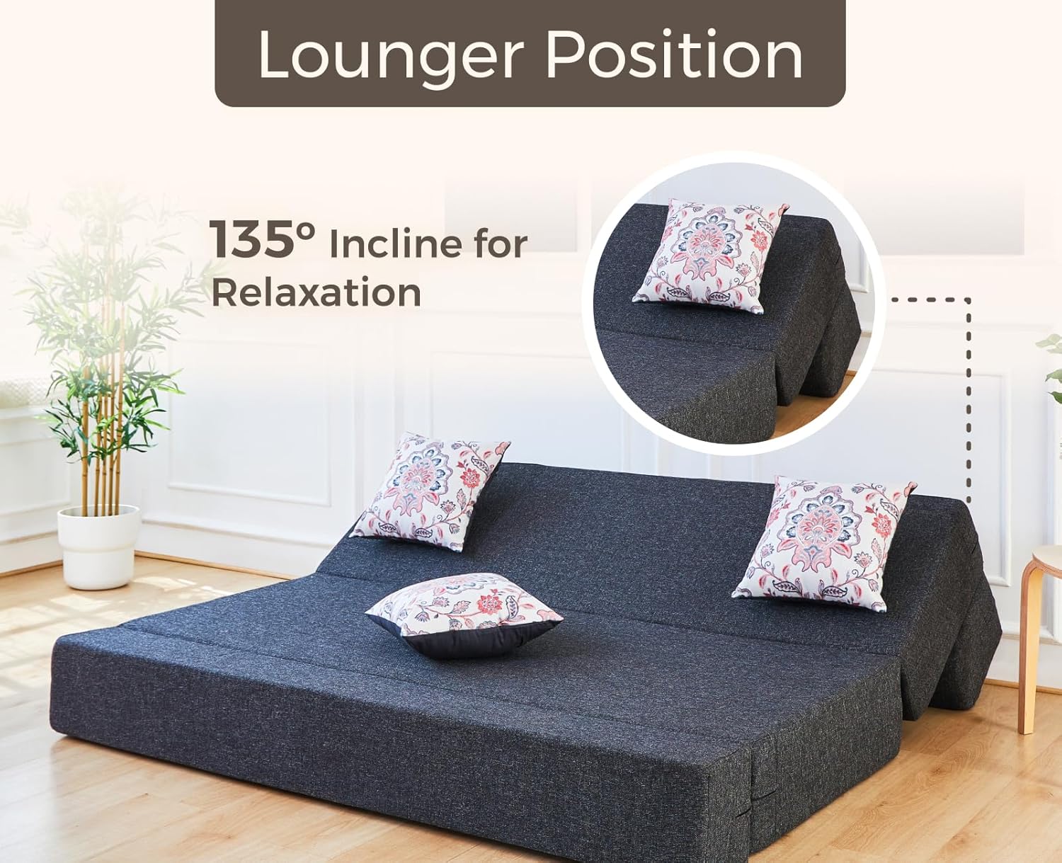 uberlyfe 3 Seater Sofa Cum Bed | Jute Fabric Washable Cover | 3 Cushions Pink Morpankh Pattern | Dark Grey | 6' X 6' Feet - Image 7