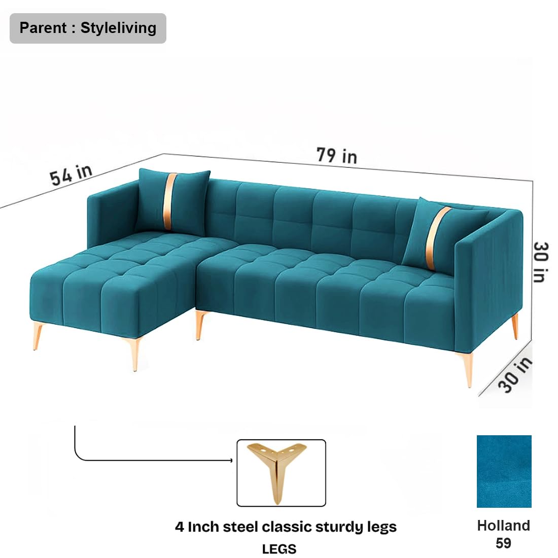 FURNY Styliving 4 Seater Fabric LHS L Shape Sofa Set (Aqua Blue) with Golden Finish Legs | Durable & Comfortable | Ideal for Living Room - Image 3