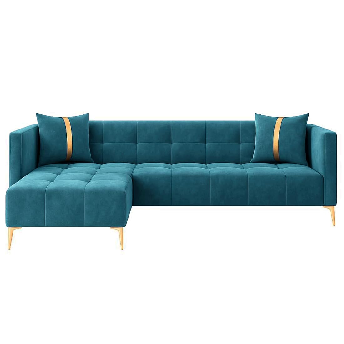 FURNY Styliving 4 Seater Fabric LHS L Shape Sofa Set (Aqua Blue) with Golden Finish Legs | Durable & Comfortable | Ideal for Living Room - Image 4