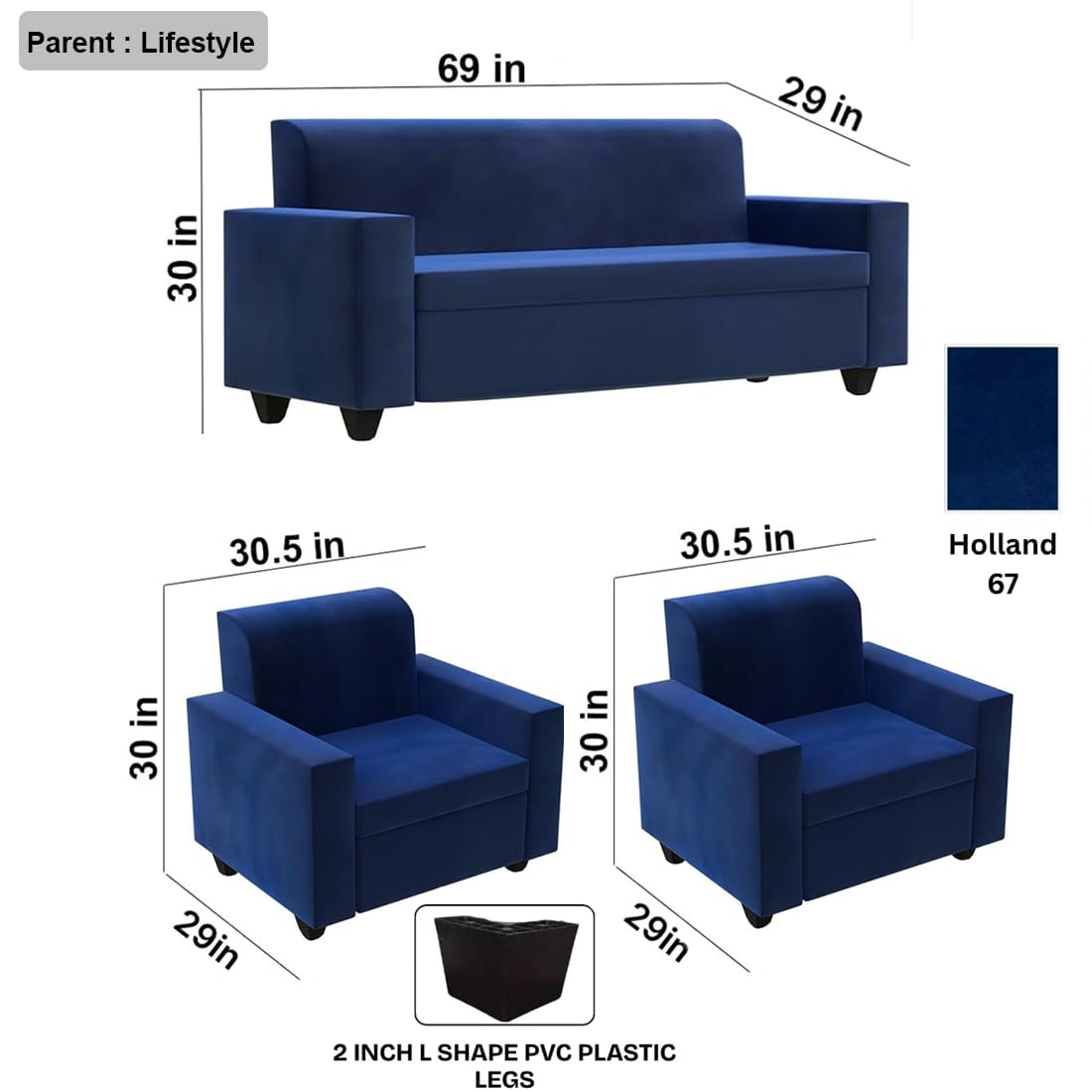 FURNY Qualitywood 5 Seater Premium Velvet Fabric 3+1+1 Sofa Set (Dark Blue) - Durable & Comfortable - Ideal for Living Room - Image 3