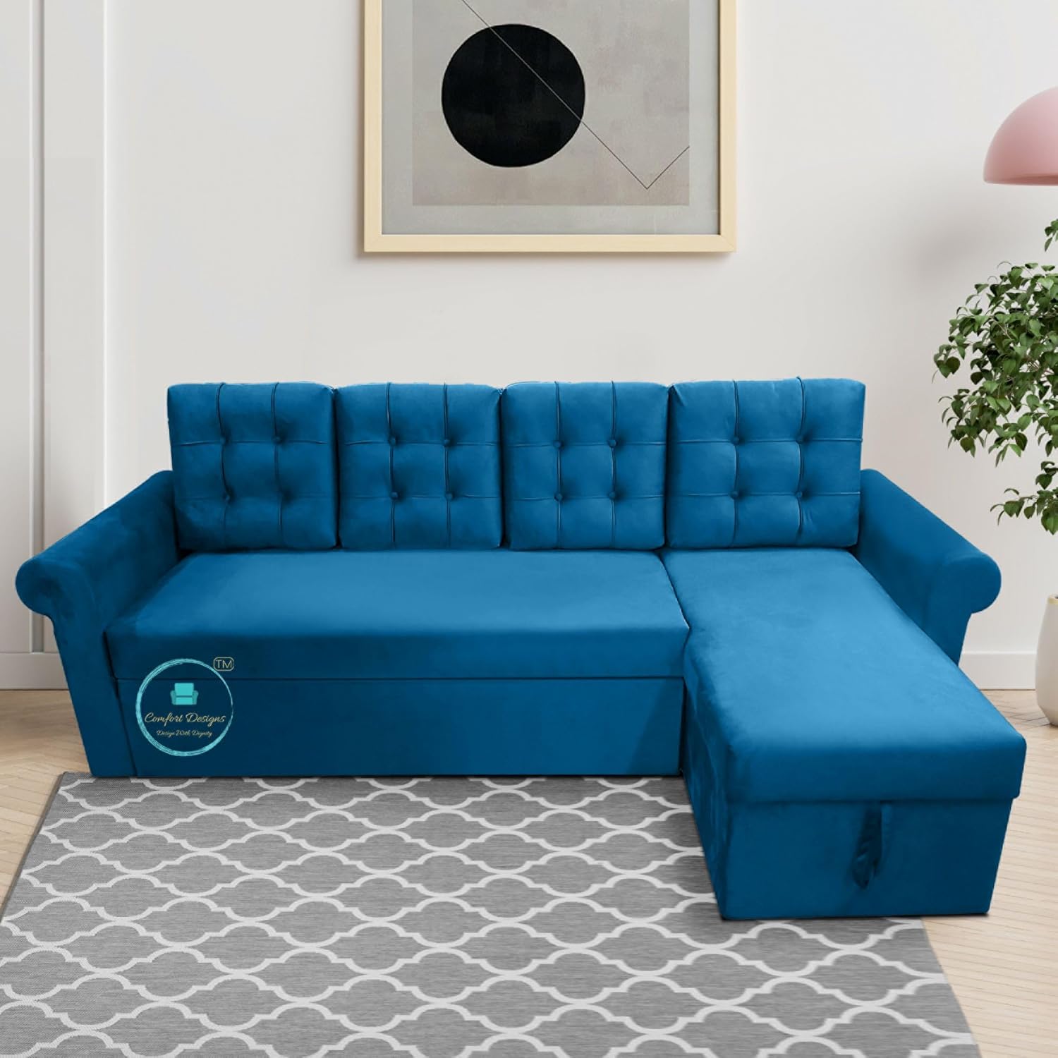 Comfort Designs Midas-01 Textured Premium Polyester Fabric 4 Seater Corner Sofa Cumbed for Leaving Room, Functional Storage, Soft, Lightweight, Comfortable Sofa Bed (Blue) - Image 3