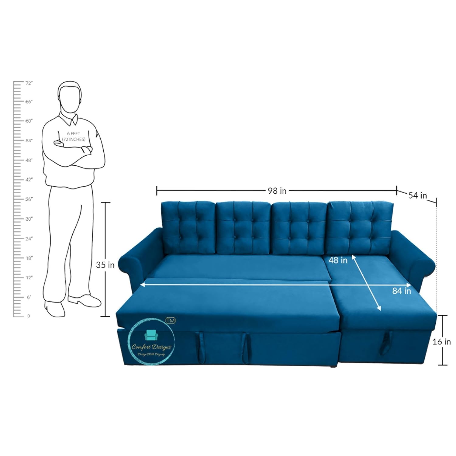 Comfort Designs Midas-01 Textured Premium Polyester Fabric 4 Seater Corner Sofa Cumbed for Leaving Room, Functional Storage, Soft, Lightweight, Comfortable Sofa Bed (Blue) - Image 6