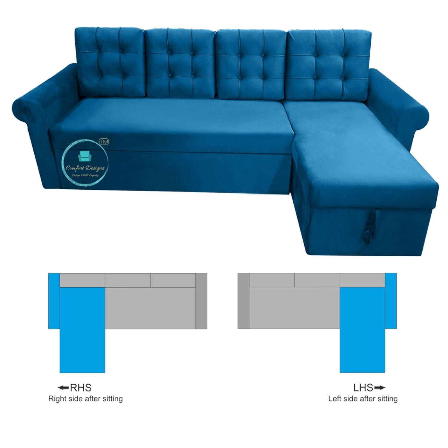 Comfort Designs Midas-01 Textured Premium Polyester Fabric 4 Seater Corner Sofa Cumbed for Leaving Room, Functional Storage, Soft, Lightweight, Comfortable Sofa Bed (Blue) - Image 7