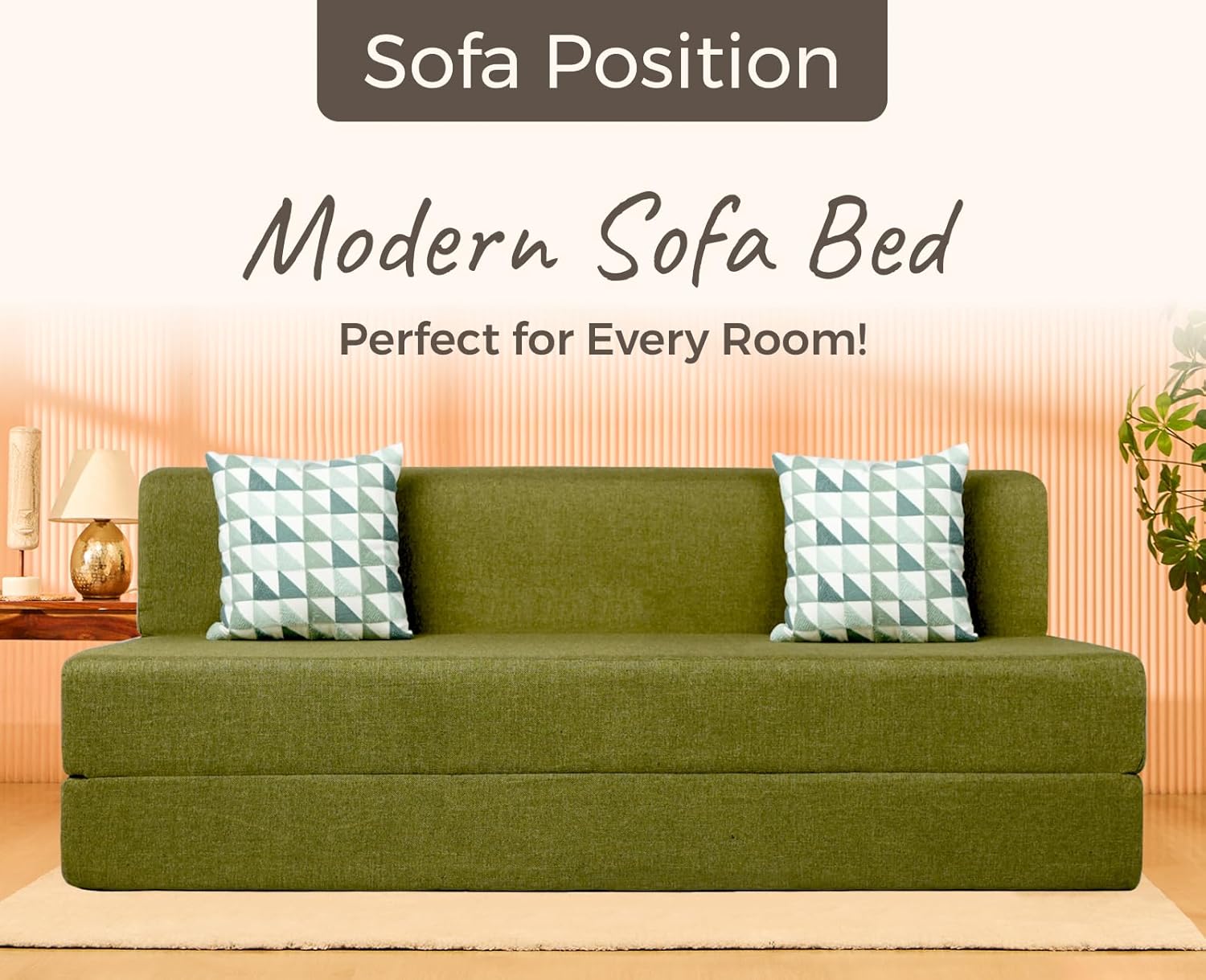 uberlyfe Basics 3 Seater Sofa Cum Bed | Jute Fabric Washable Cover | 2 Cushions Green Triangle Pattern | Olive Green | 6' X 6' Feet - Image 4