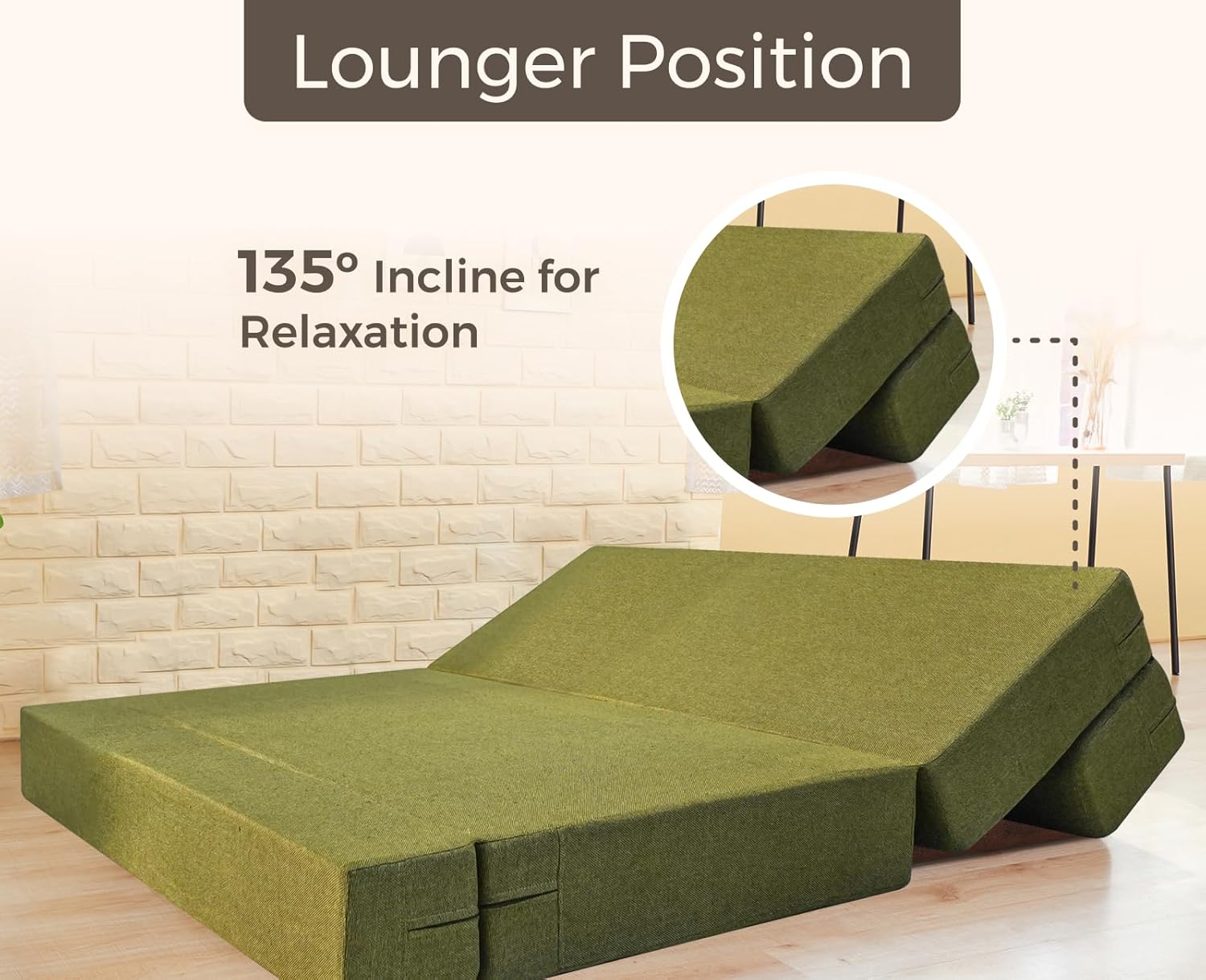 uberlyfe Basics 3 Seater Sofa Cum Bed | Jute Fabric Washable Cover | 2 Cushions Green Triangle Pattern | Olive Green | 6' X 6' Feet - Image 5