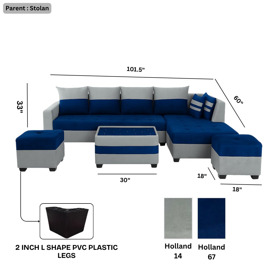 FURNY Stylio 8 Seater Fabric RHS L Shape Sofa Set with 1 Centre Table & 2 Ottoman (Blue-Light Grey) | Premium Velvet Finish | Durable Comfort | Ideal for Living Room - Image 3