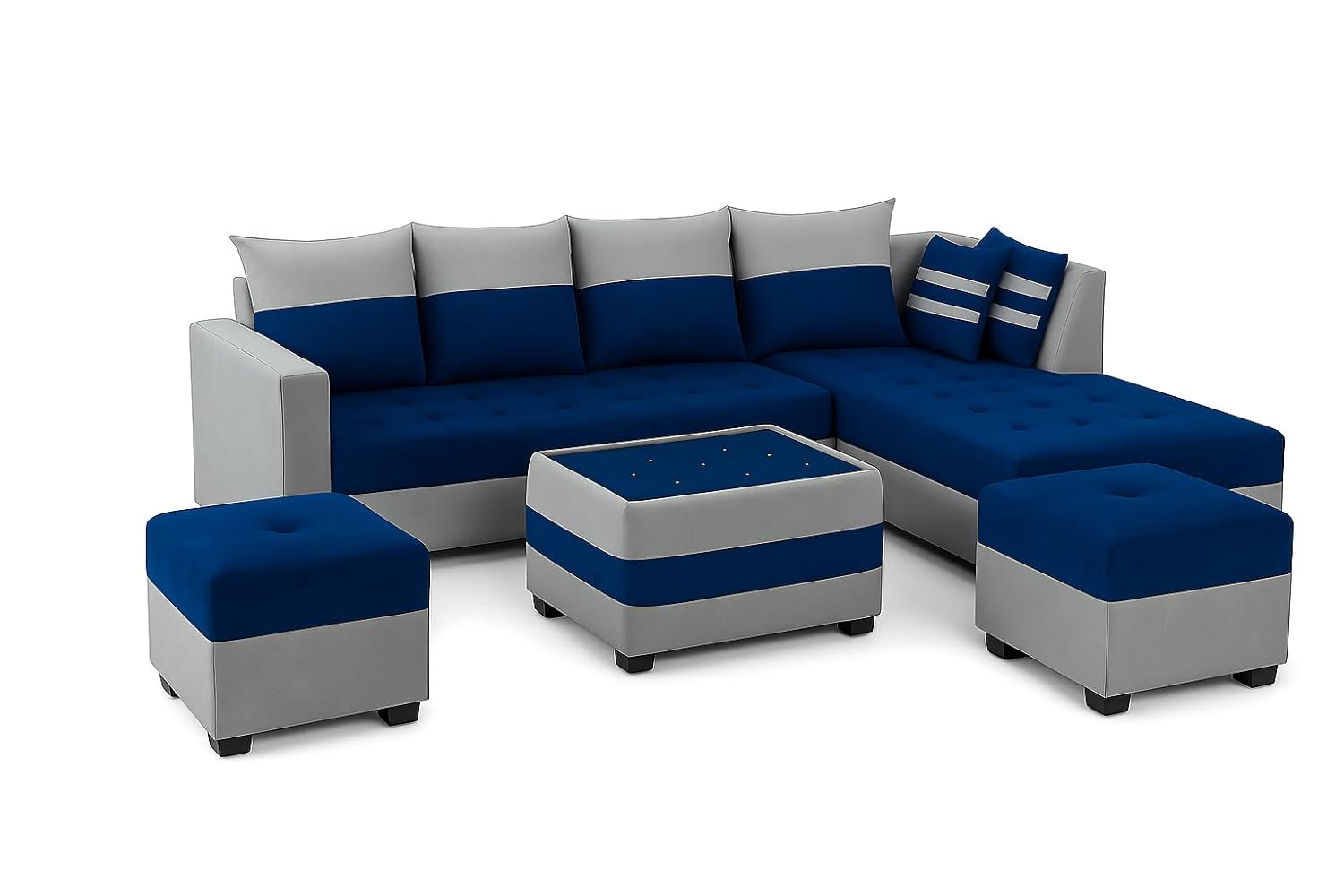 FURNY Stylio 8 Seater Fabric RHS L Shape Sofa Set with 1 Centre Table & 2 Ottoman (Blue-Light Grey) | Premium Velvet Finish | Durable Comfort | Ideal for Living Room - Image 4