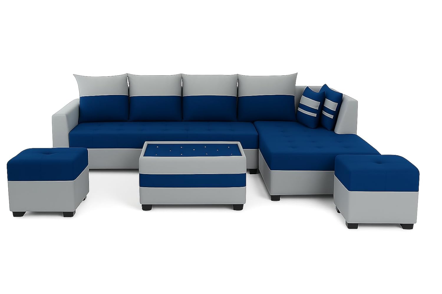 FURNY Stylio 8 Seater Fabric RHS L Shape Sofa Set with 1 Centre Table & 2 Ottoman (Blue-Light Grey) | Premium Velvet Finish | Durable Comfort | Ideal for Living Room - Image 5