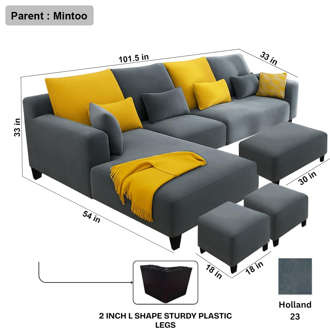 FURNY Mintora 8 Seater Fabric LHS L Shape Sofa Set with 1 Centre Table & 2 Puffys (Dark Grey) with Extra Cushions | Premium Velvet Finish | Ideal for Living Room - Image 3