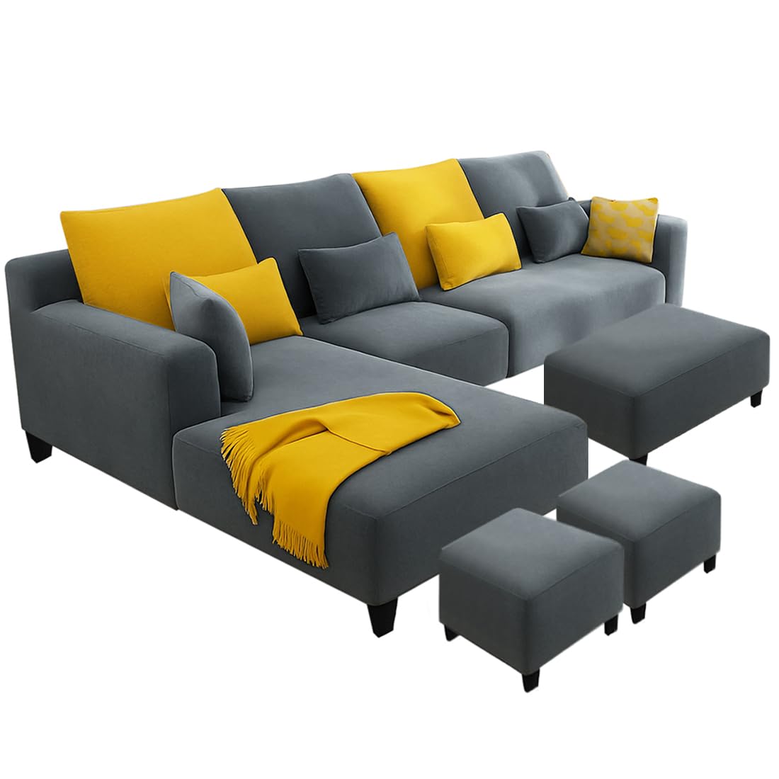 FURNY Mintora 8 Seater Fabric LHS L Shape Sofa Set with 1 Centre Table & 2 Puffys (Dark Grey) with Extra Cushions | Premium Velvet Finish | Ideal for Living Room - Image 4