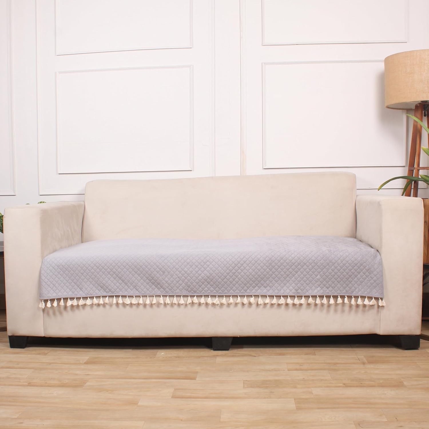 STITCHNEST 4 Seater Quilted Velvet Sofa Cover with Tassels | Elegant Grey Sofa Protector for Living Room | Soft, Washable | Perfect for Enhancing Living Room Interiors - Image 3