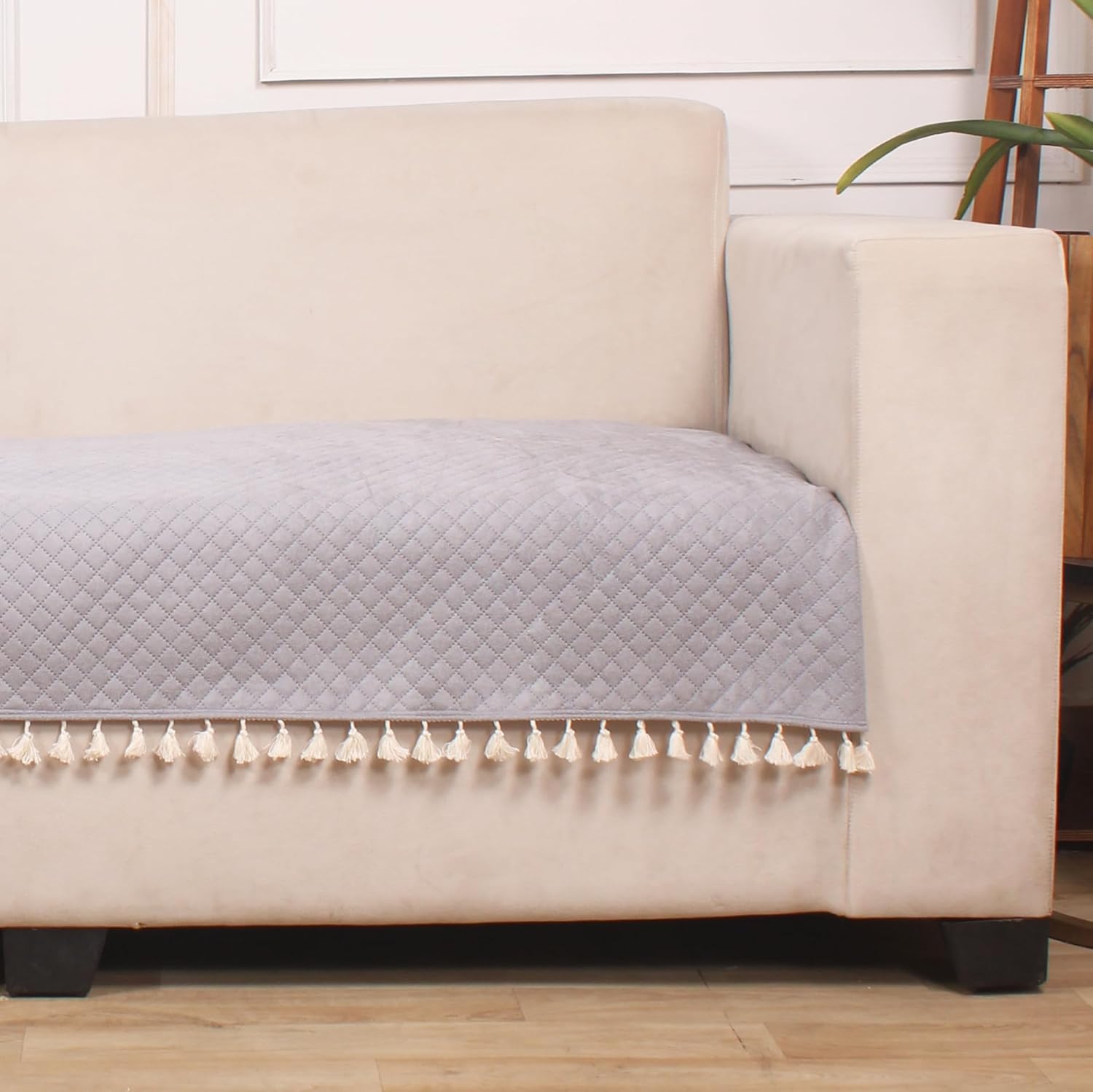 STITCHNEST 4 Seater Quilted Velvet Sofa Cover with Tassels | Elegant Grey Sofa Protector for Living Room | Soft, Washable | Perfect for Enhancing Living Room Interiors - Image 4