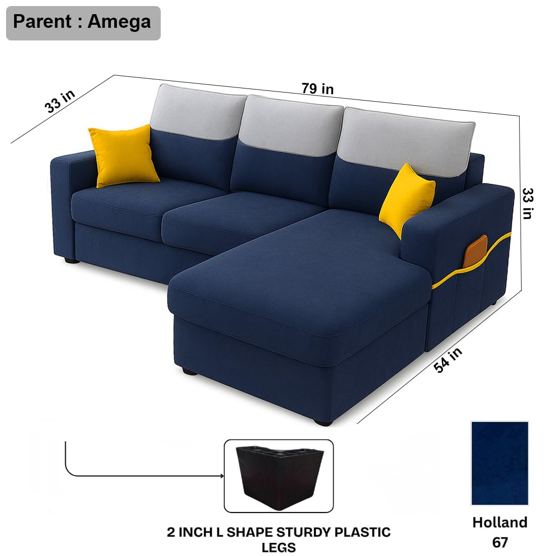 FURNY Tokyo 4 Seater Fabric RHS L Shape Sofa Set (Blue) | Premium Velvet Finish | Ideal of Living Room - Image 3
