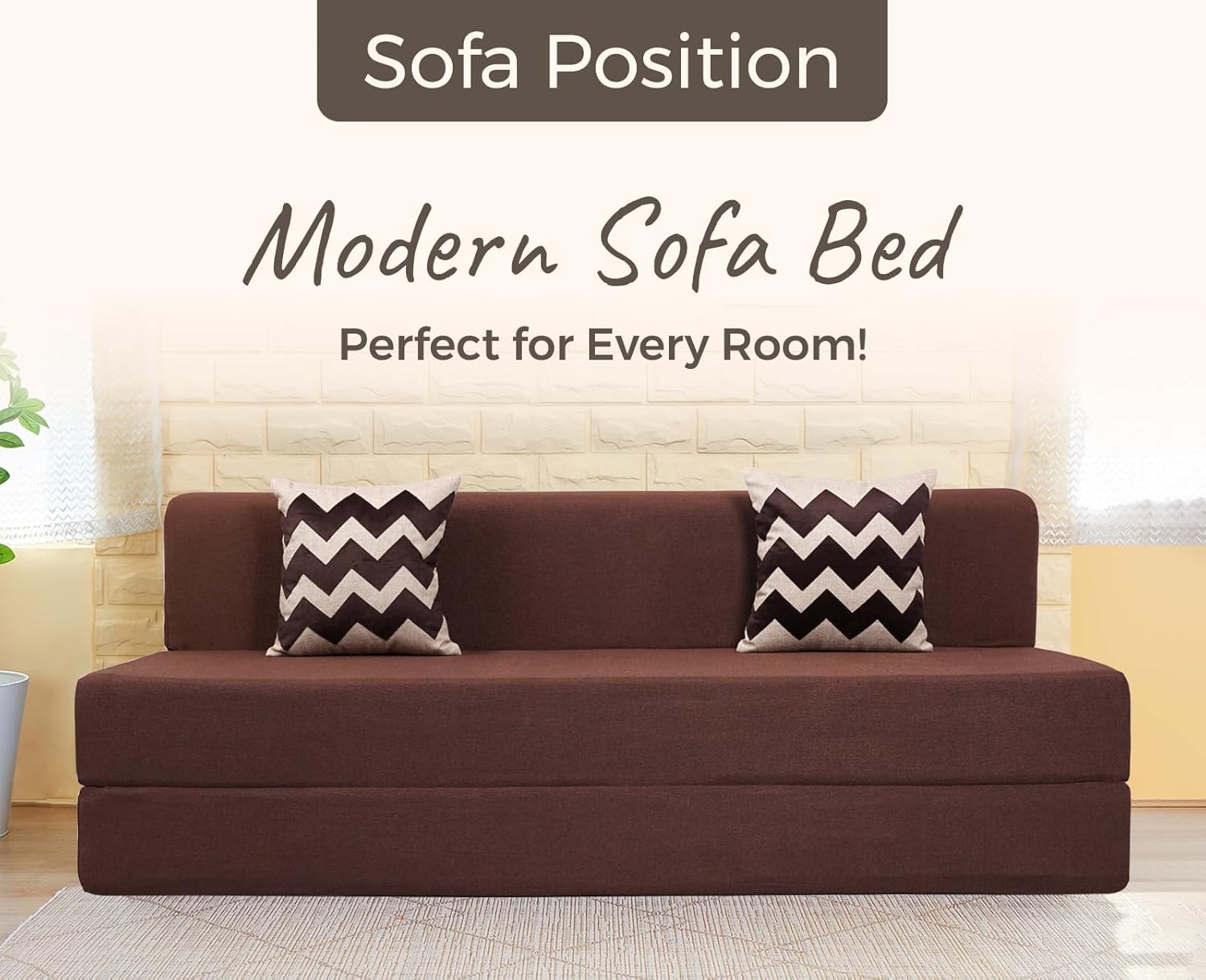 uberlyfe Basics 3 Seater Sofa Cum Bed | Jute Fabric Washable Cover | 2 Cushions Beige Zigzag Pattern | Malt Brown | 6' X 6' Feet - Image 4