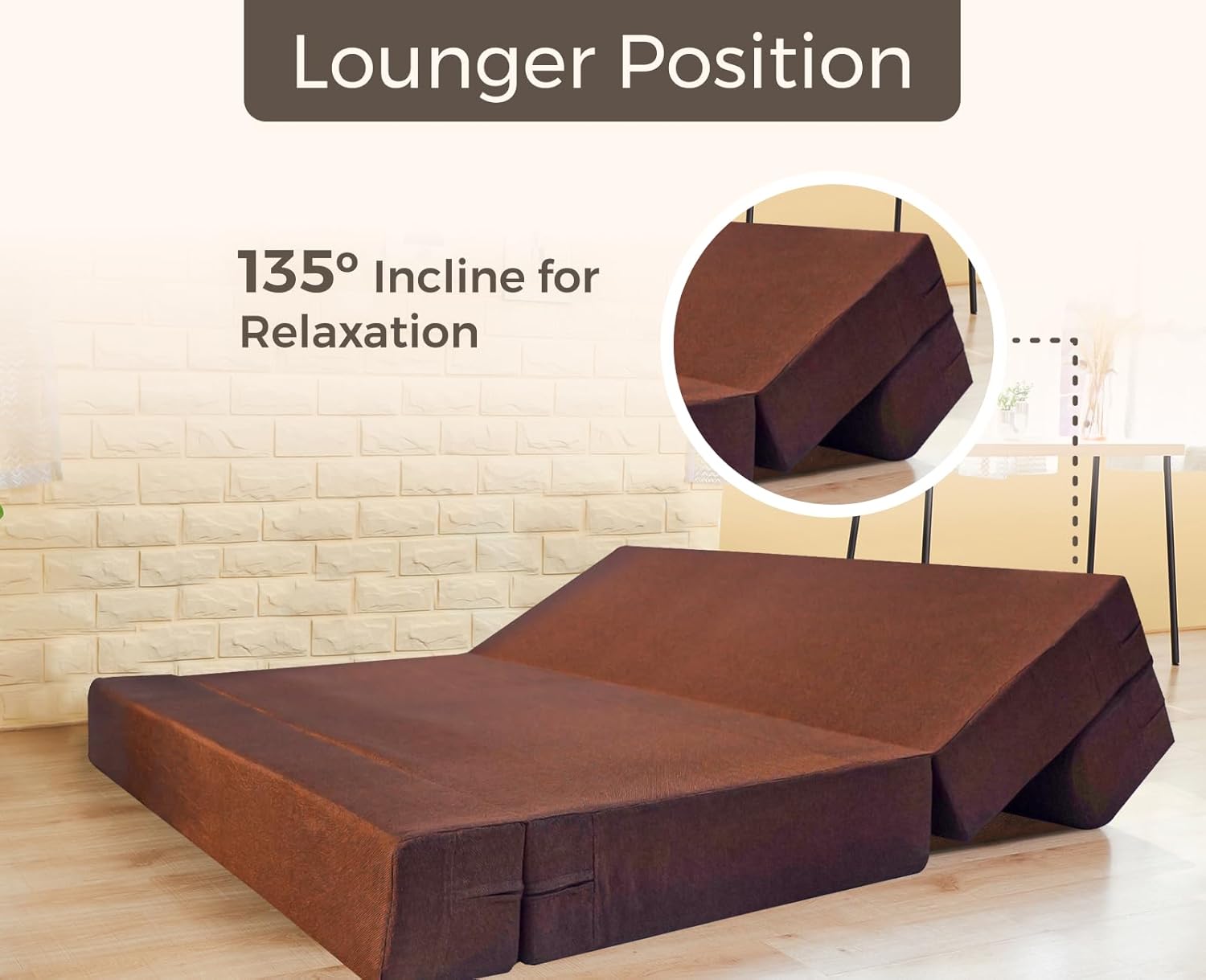 uberlyfe Basics 3 Seater Sofa Cum Bed | Jute Fabric Washable Cover | 2 Cushions Beige Zigzag Pattern | Malt Brown | 6' X 6' Feet - Image 6