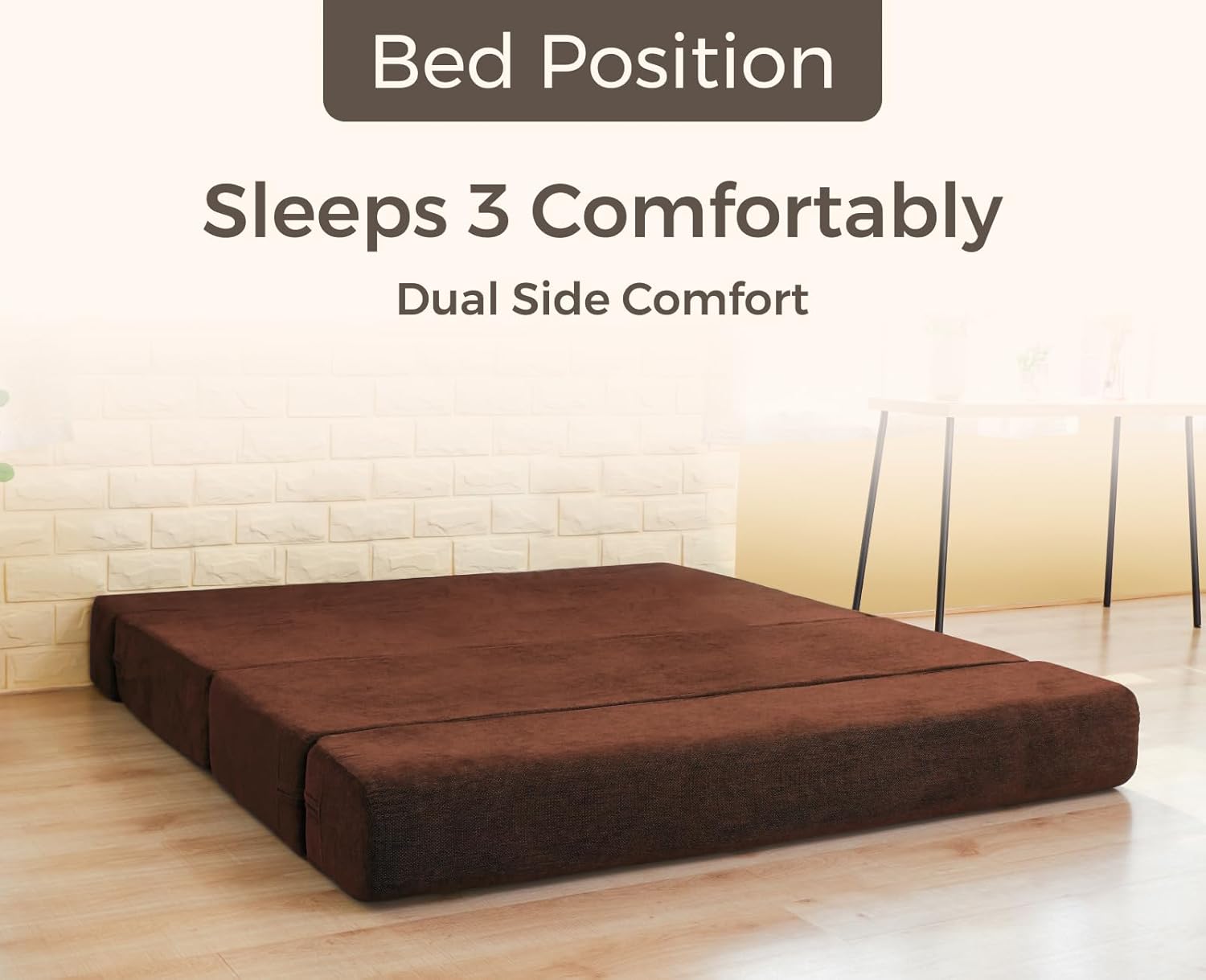 uberlyfe Basics 3 Seater Sofa Cum Bed | Jute Fabric Washable Cover | 2 Cushions Beige Zigzag Pattern | Malt Brown | 6' X 6' Feet - Image 7