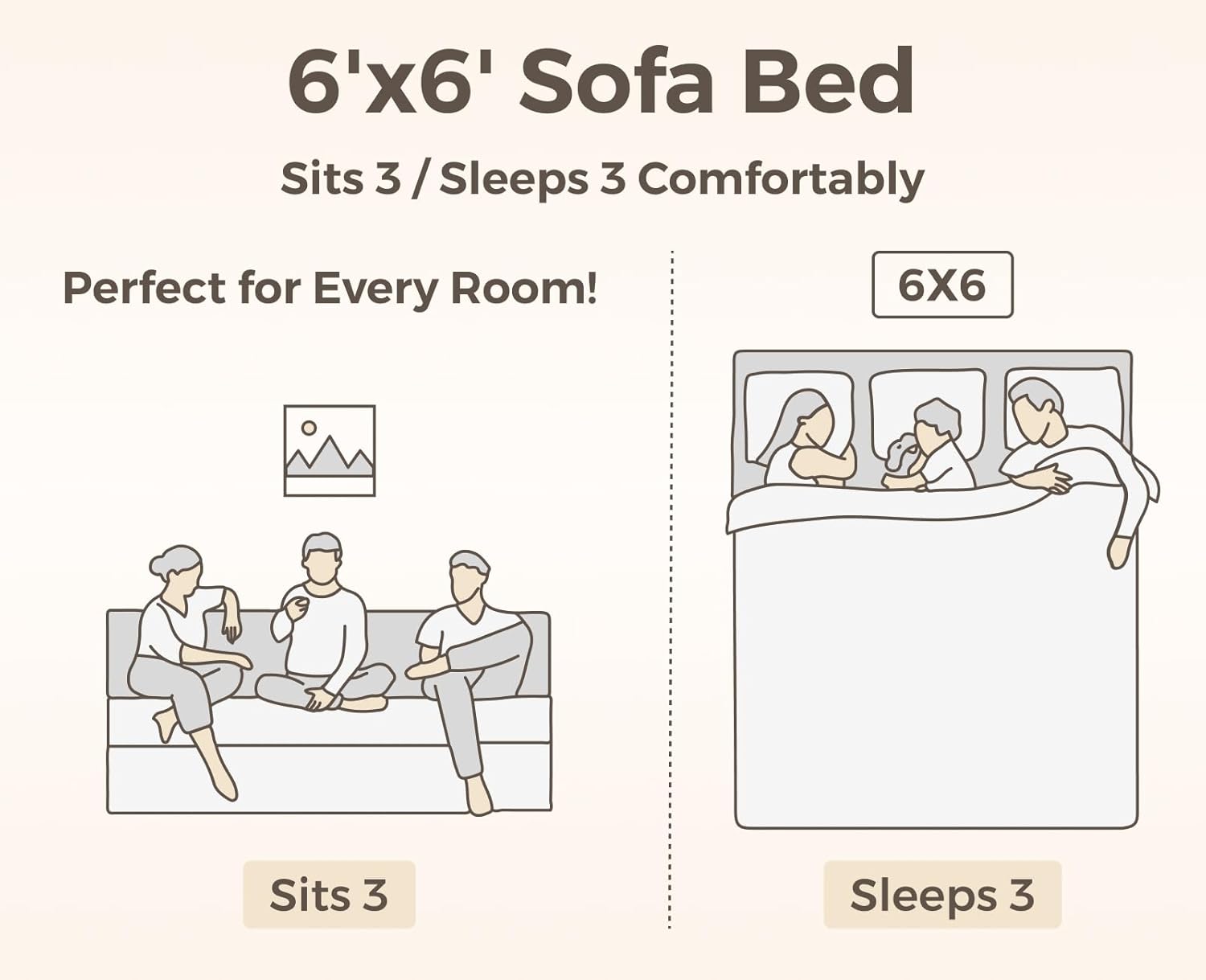 uberlyfe Basics 3 Seater Sofa Cum Bed | Jute Fabric Washable Cover | 2 Cushions Beige Zigzag Pattern | Malt Brown | 6' X 6' Feet - Image 8