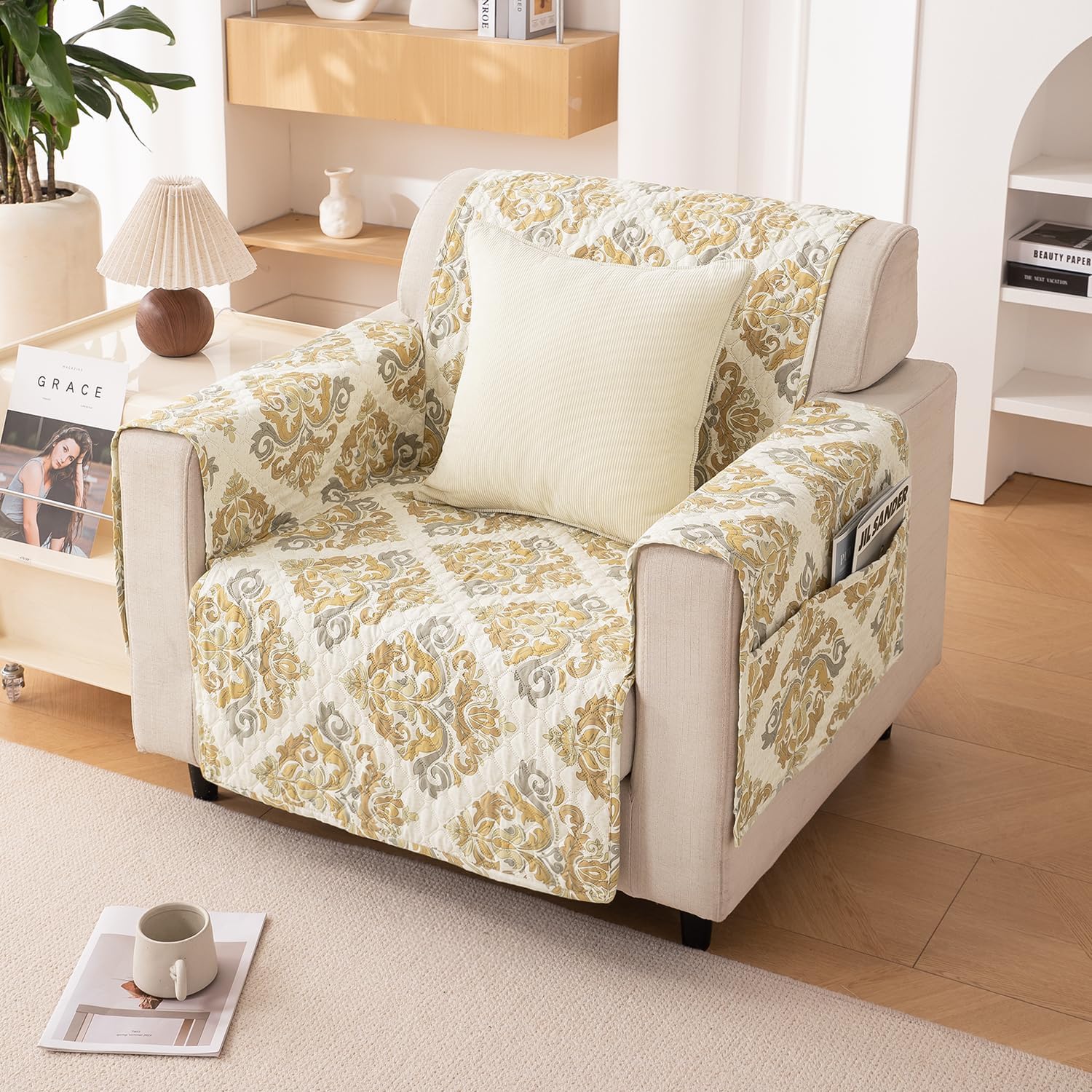 HOKIPO 'VivaCasa Series' Polyester 1 Seater Quilted Sofa Cover with Pockets, Damask Beige (NEW-737-D4) - Image 3