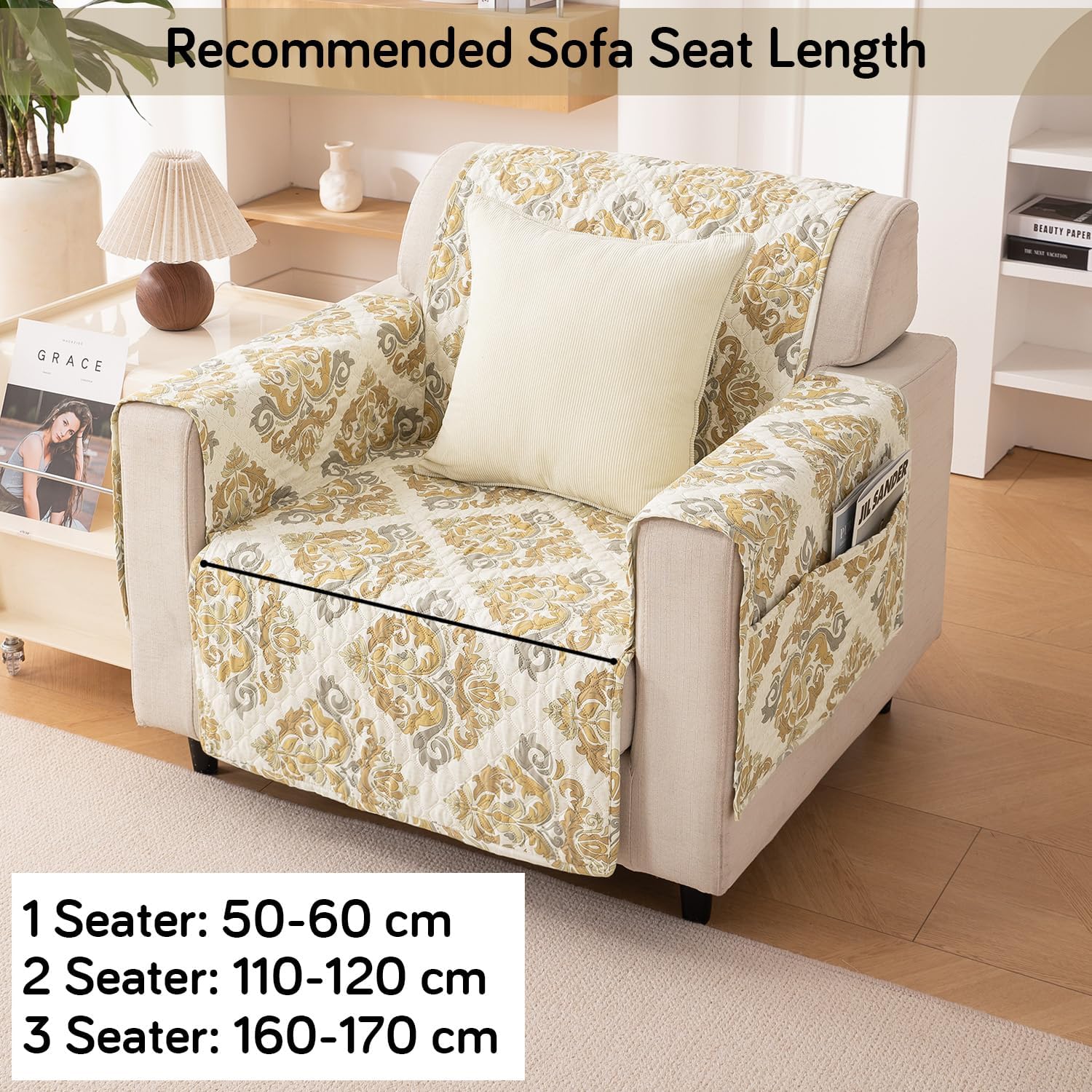 HOKIPO 'VivaCasa Series' Polyester 1 Seater Quilted Sofa Cover with Pockets, Damask Beige (NEW-737-D4) - Image 4