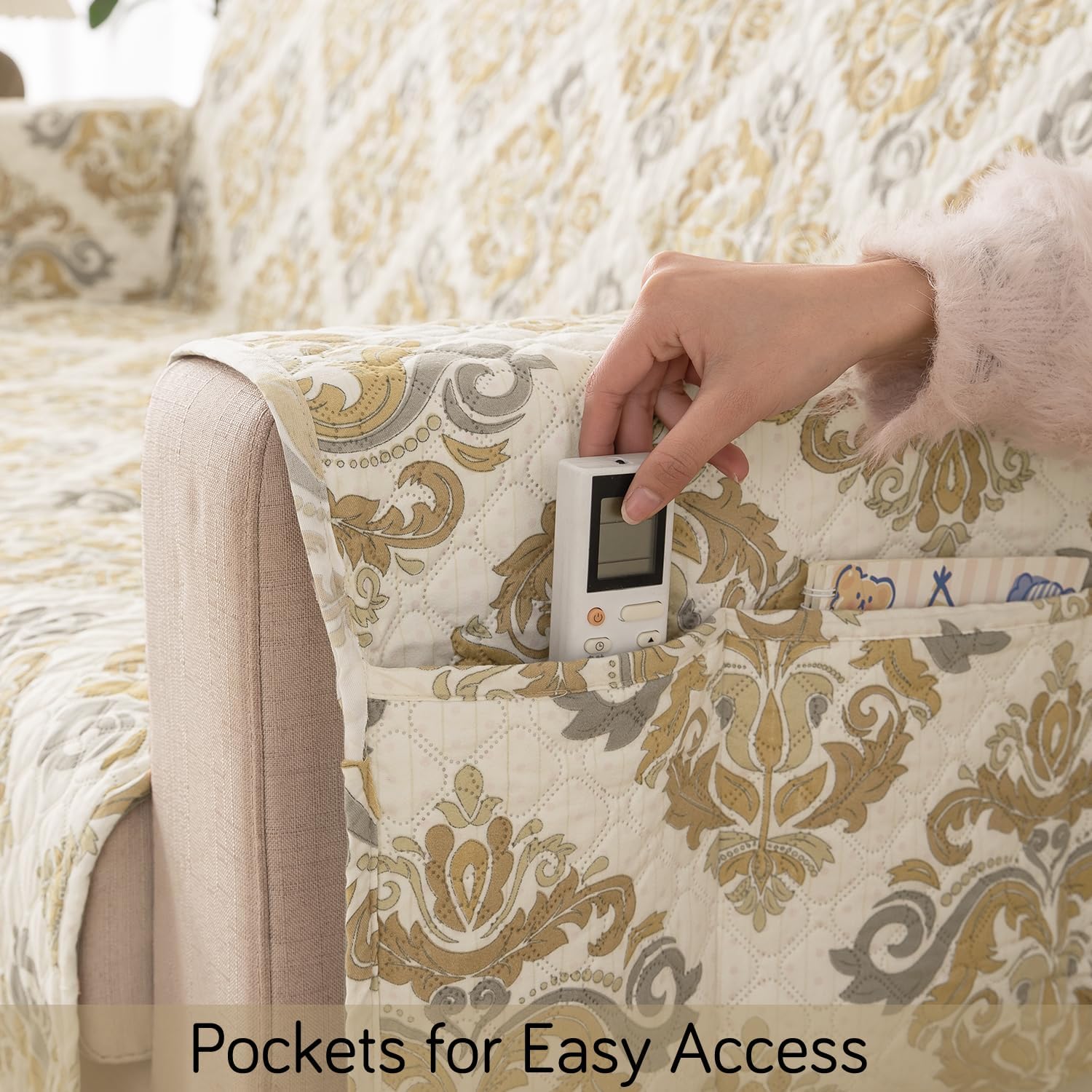 HOKIPO 'VivaCasa Series' Polyester 1 Seater Quilted Sofa Cover with Pockets, Damask Beige (NEW-737-D4) - Image 5