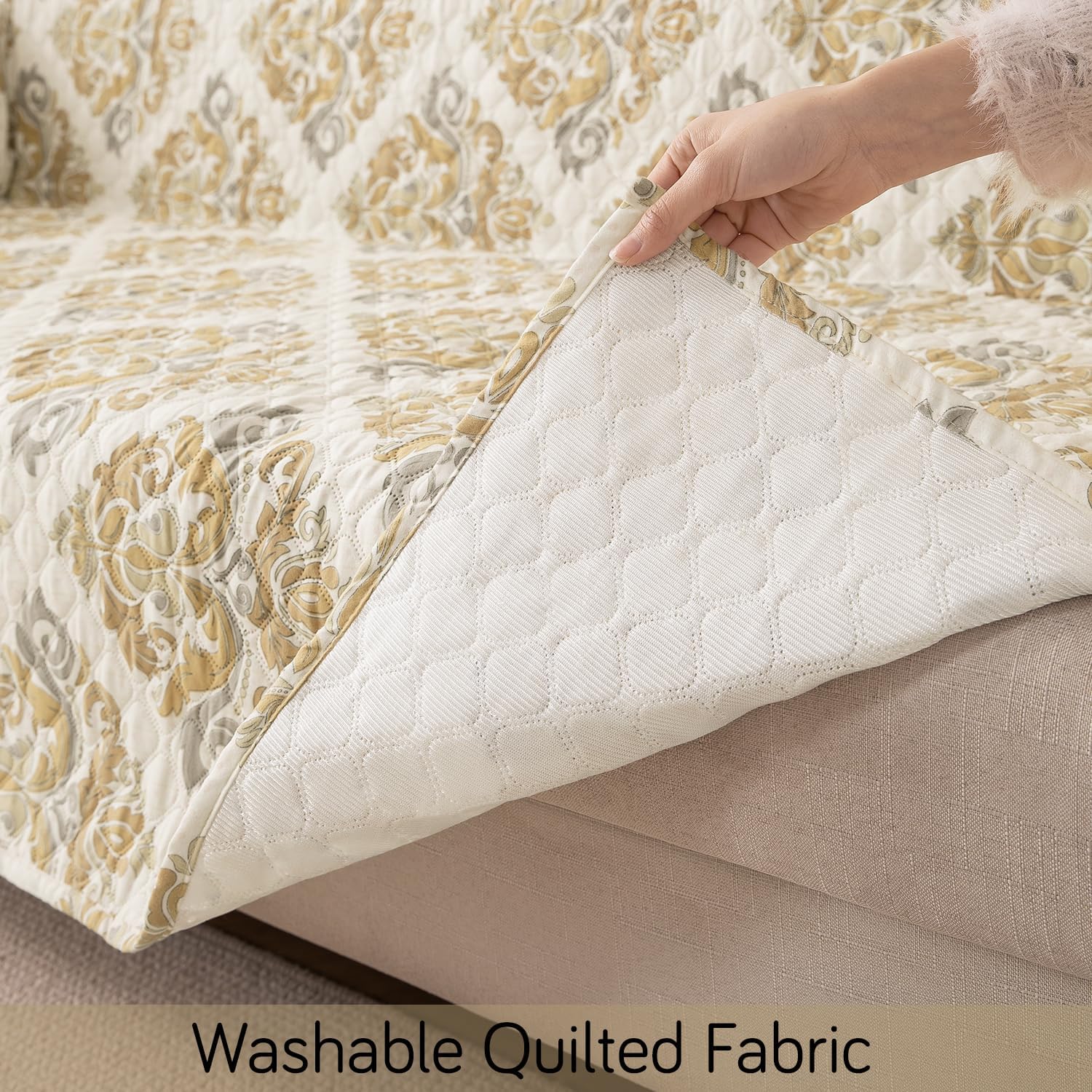 HOKIPO 'VivaCasa Series' Polyester 1 Seater Quilted Sofa Cover with Pockets, Damask Beige (NEW-737-D4) - Image 6